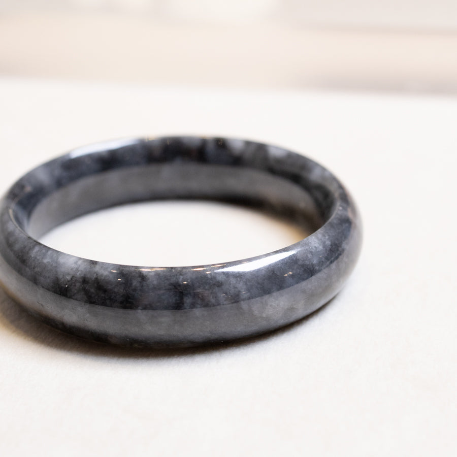 Intense Grey Jadeite Bangle Bracelet – Natural Type-A Jadeite, Flat Shape, 54mm-59mm Sizes