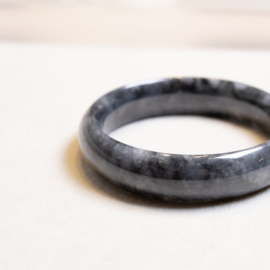 Intense Grey Jadeite Bangle Bracelet – Natural Type-A Jadeite, Flat Shape, 54mm-59mm Sizes