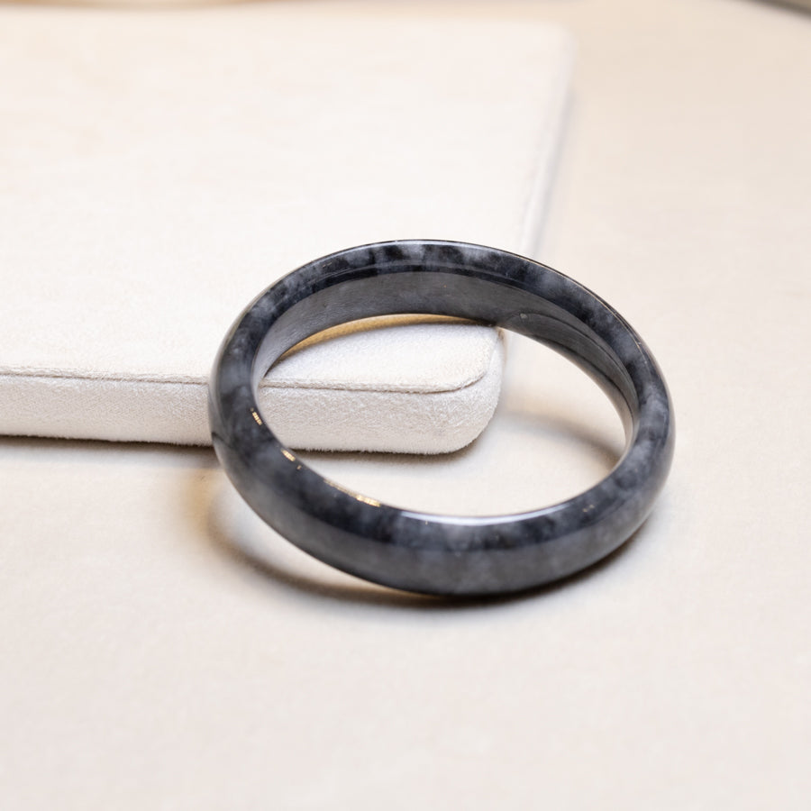 Intense Grey Jadeite Bangle Bracelet – Natural Type-A Jadeite, Flat Shape, 54mm-59mm Sizes