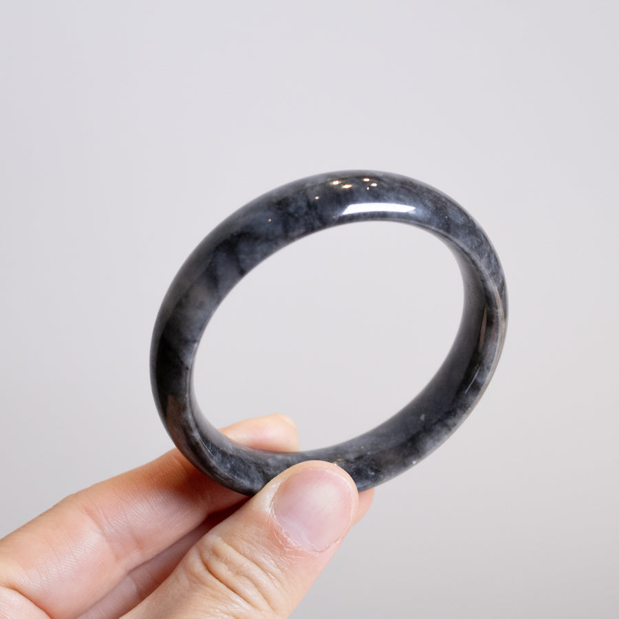 Intense Grey Jadeite Bangle Bracelet – Natural Type-A Jadeite, Flat Shape, 54mm-59mm Sizes