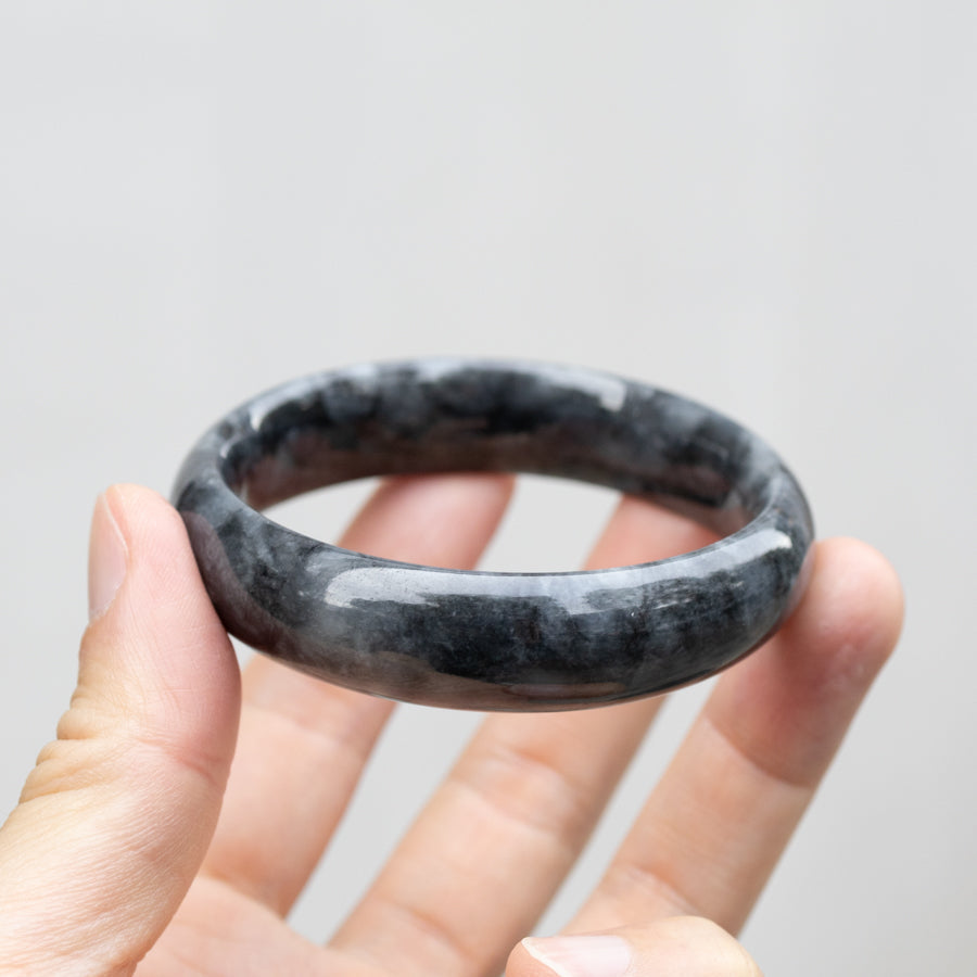 Intense Grey Jadeite Bangle Bracelet – Natural Type-A Jadeite, Flat Shape, 54mm-59mm Sizes