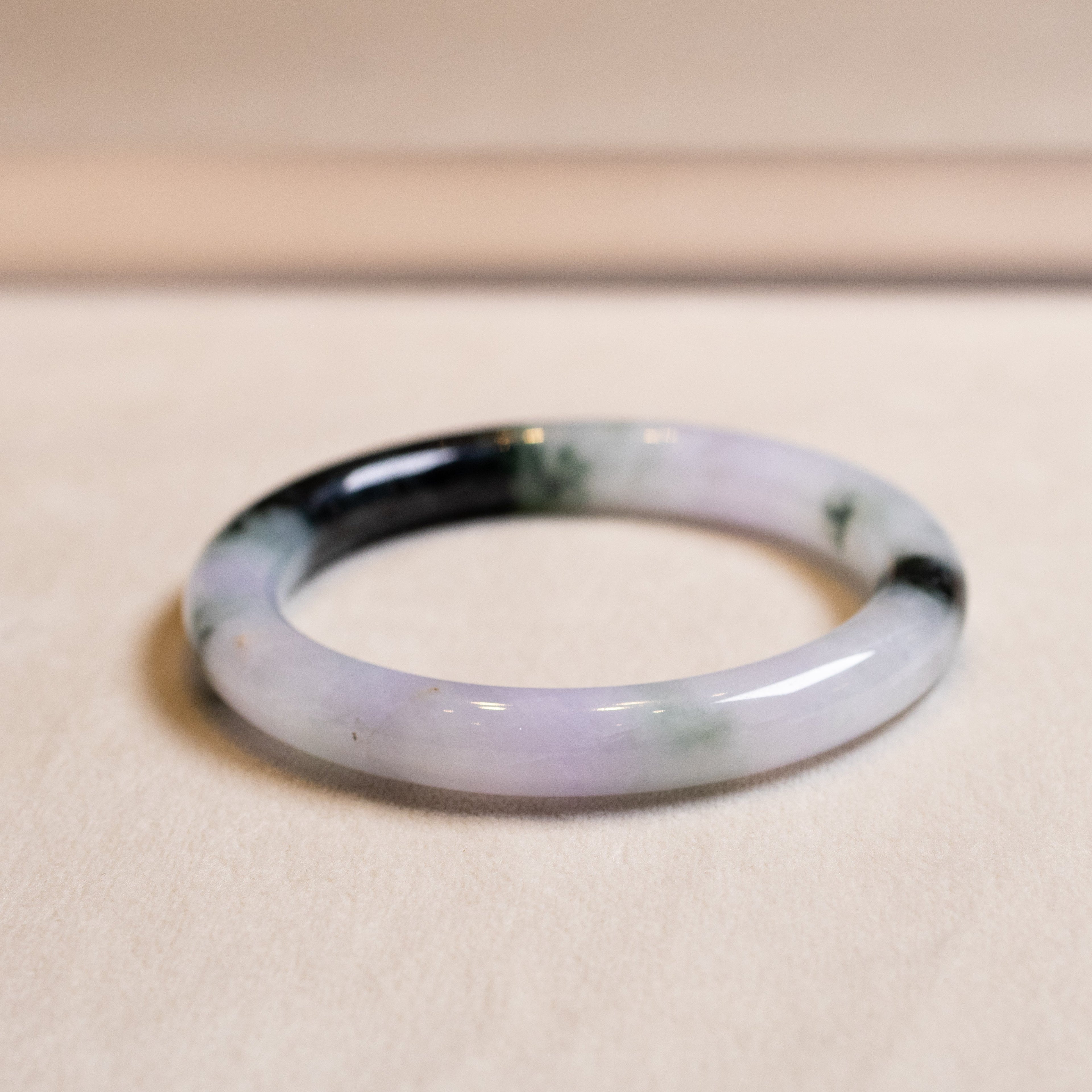 56mm Tri-Color Round Jadeite Bangle – Purple, Green, Black, Untreated Burmese Jadeite