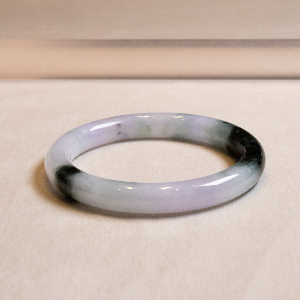 56mm Tri-Color Round Jadeite Bangle – Purple, Green, Black, Untreated Burmese Jadeite