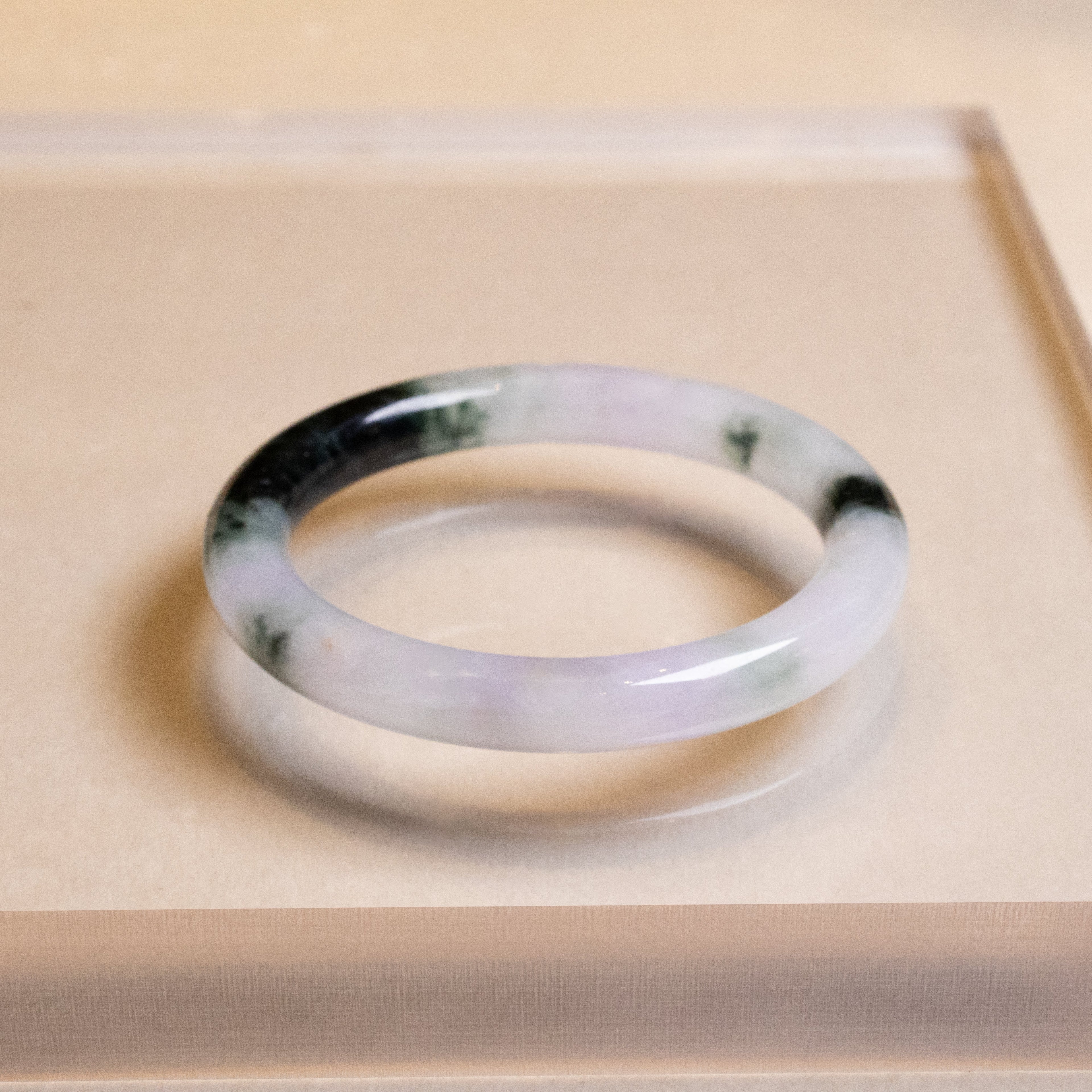56mm Tri-Color Round Jadeite Bangle – Purple, Green, Black, Untreated Burmese Jadeite