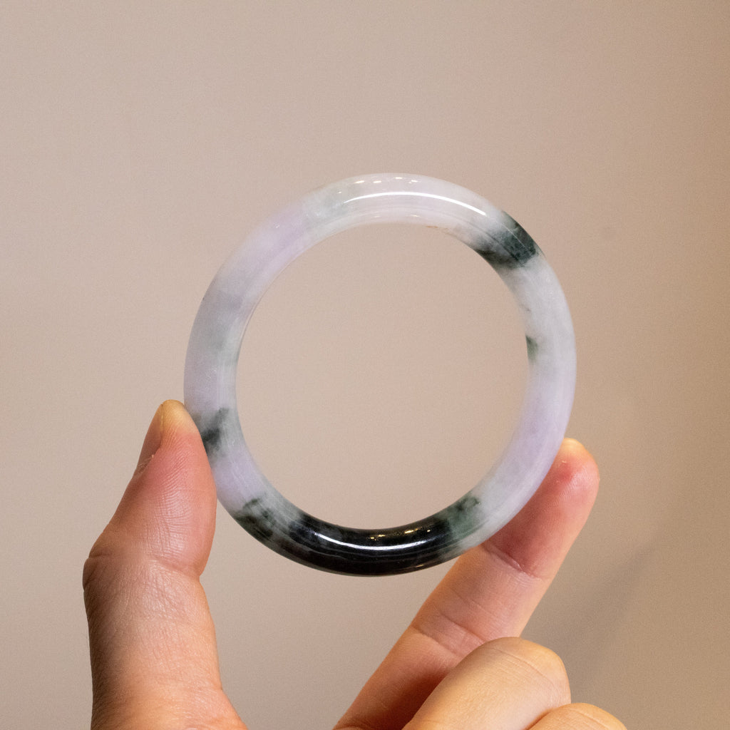 56mm Tri-Color Round Jadeite Bangle – Purple, Green, Black, Untreated Burmese Jadeite