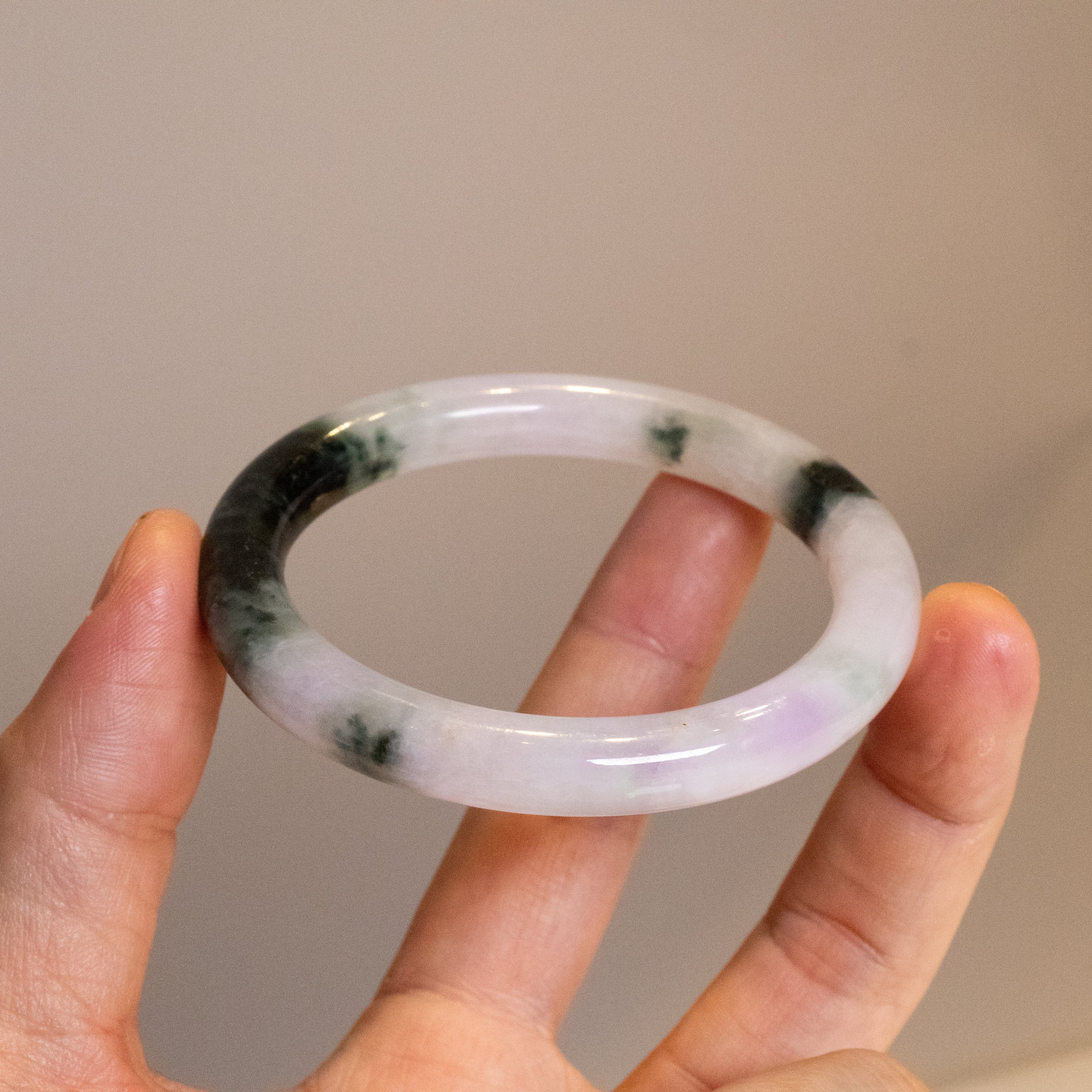 56mm Tri-Color Round Jadeite Bangle – Purple, Green, Black, Untreated Burmese Jadeite