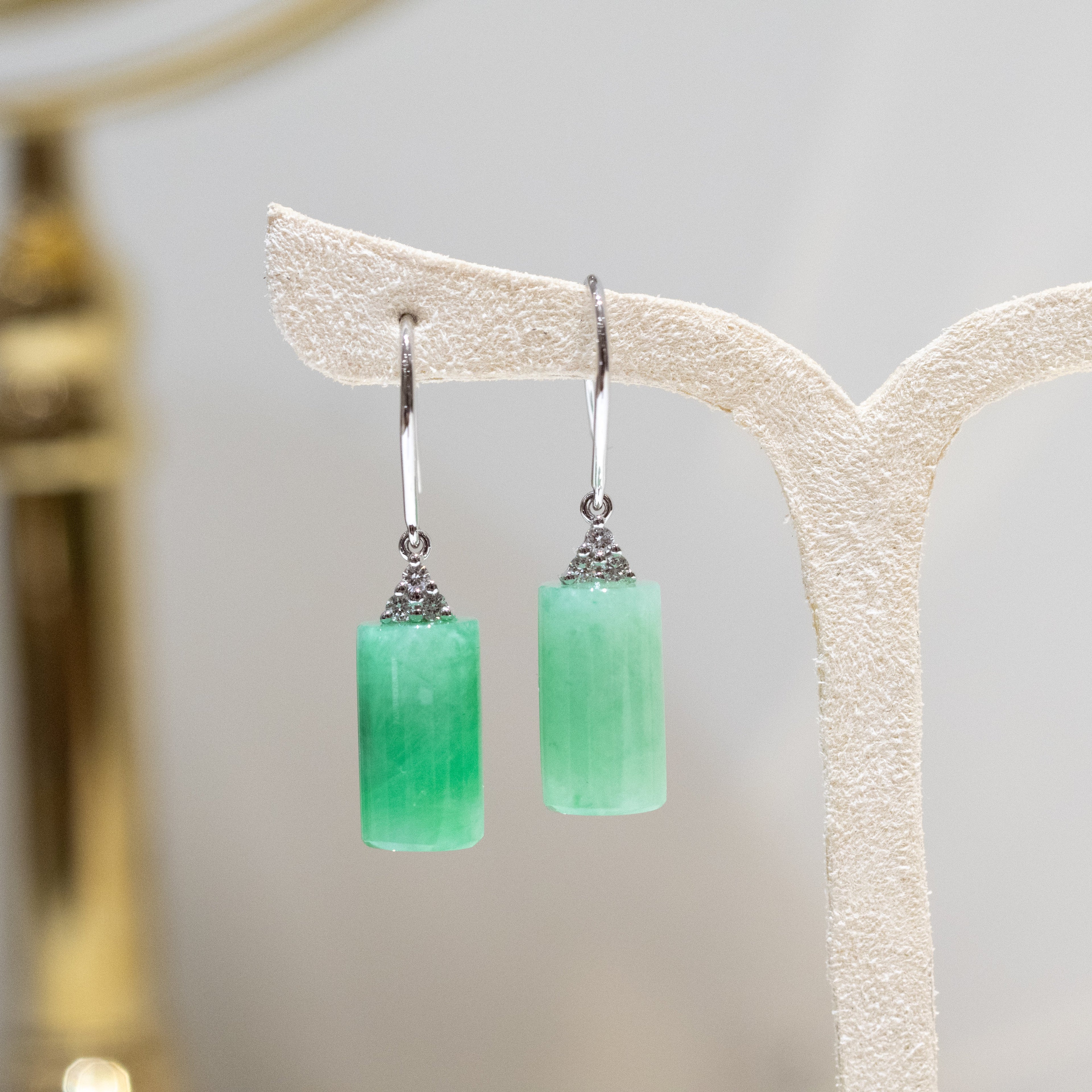 Apple Green & Lavender Jade Drop Earrings in 18K White Gold with Diamonds