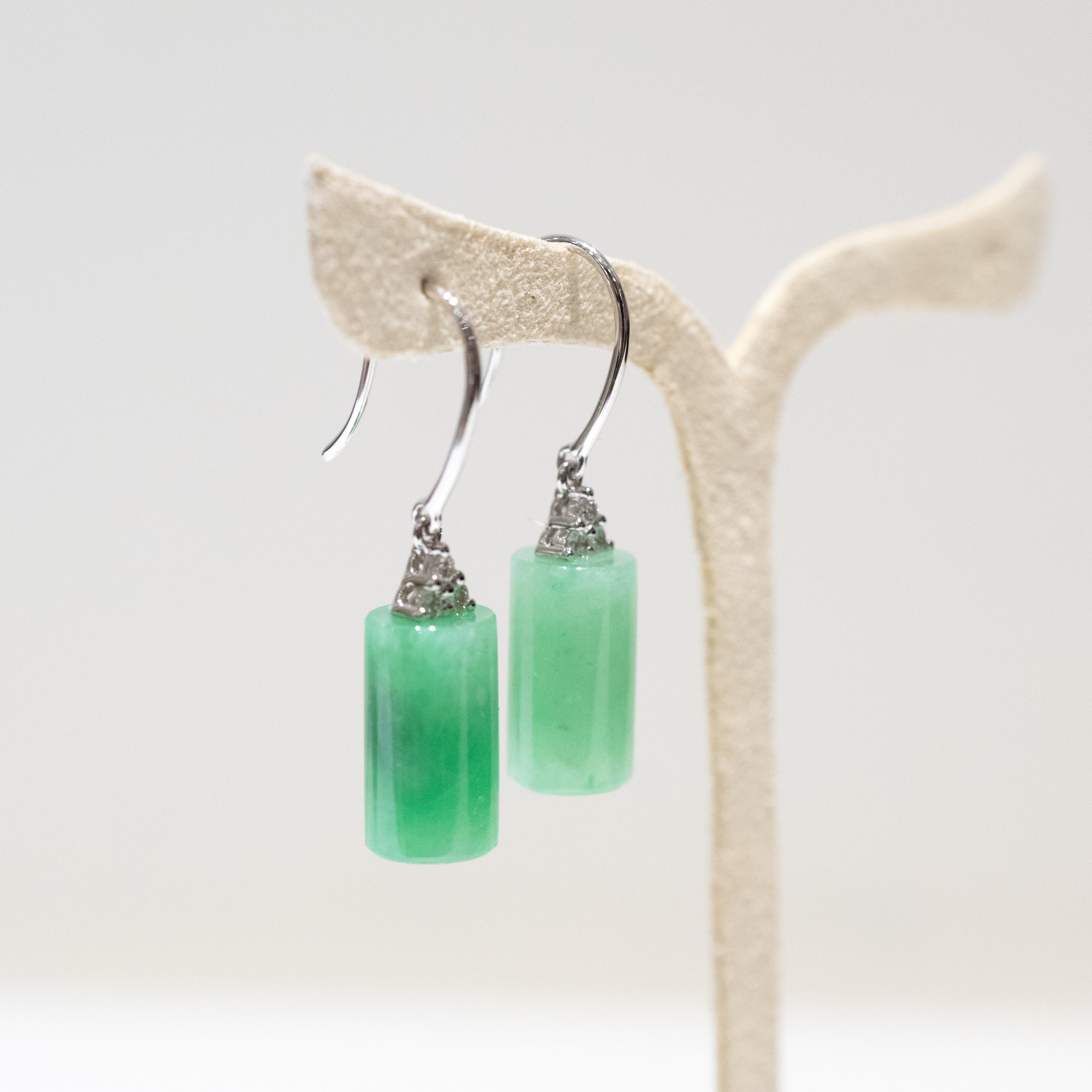 Apple Green & Lavender Jade Drop Earrings in 18K White Gold with Diamonds