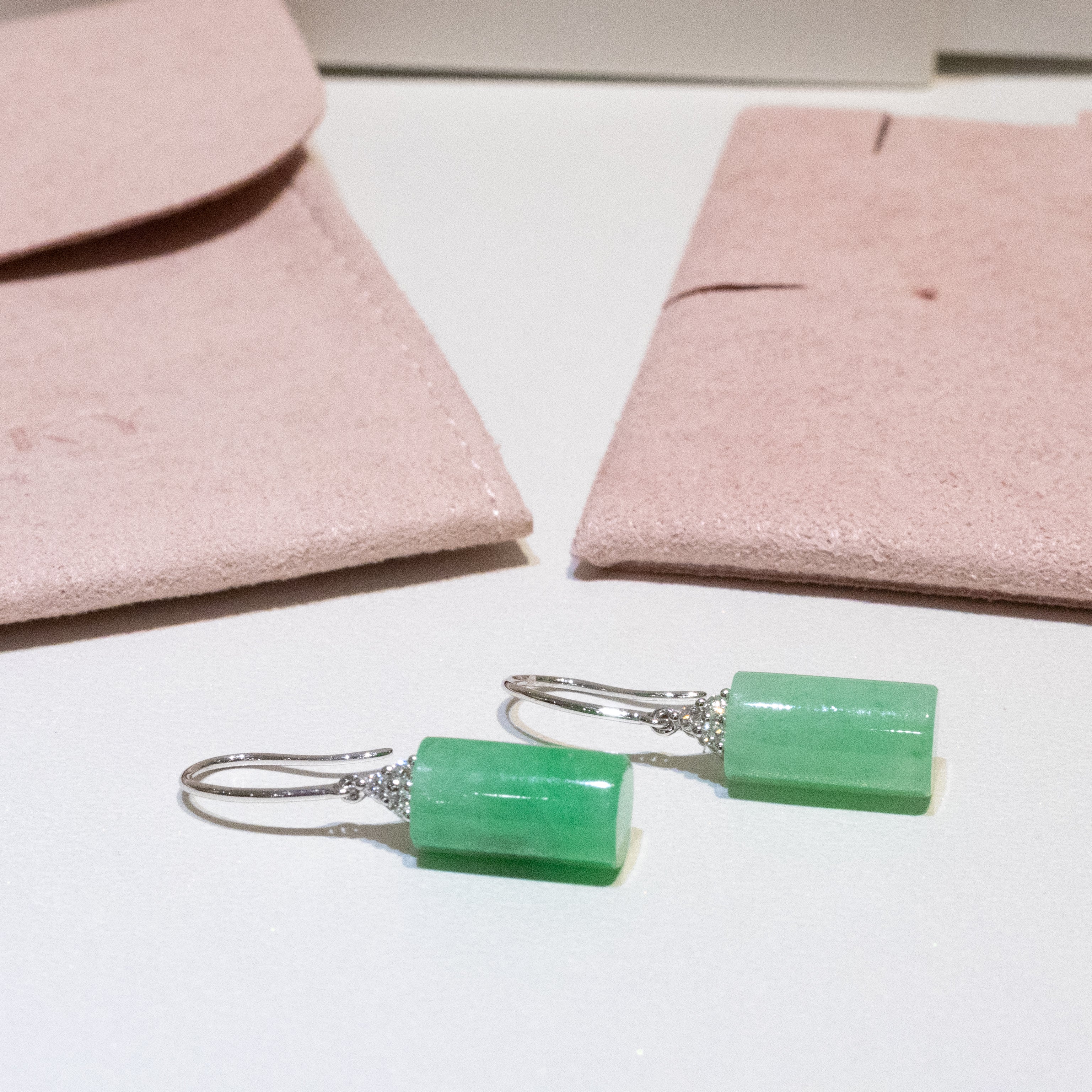 Apple Green & Lavender Jade Drop Earrings in 18K White Gold with Diamonds