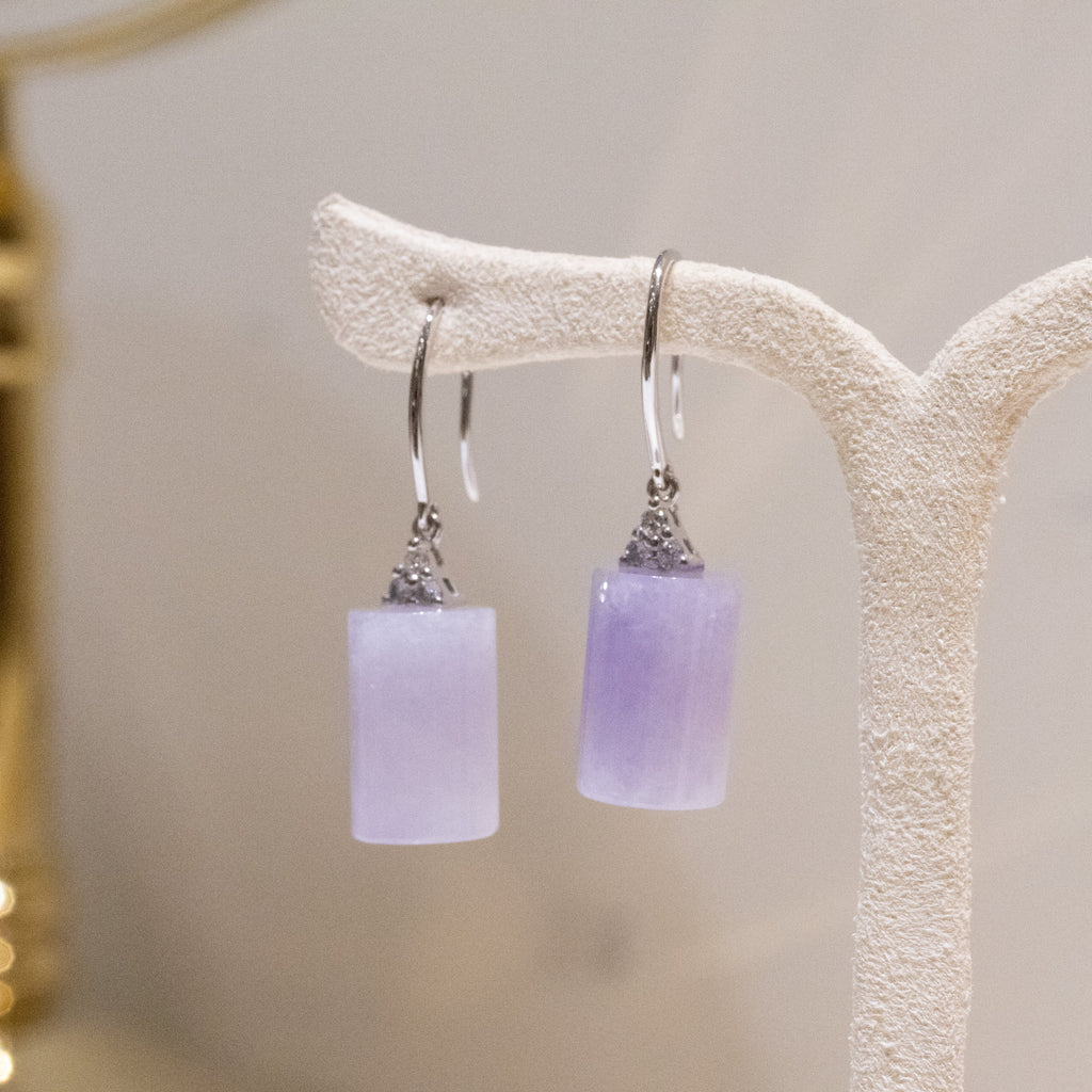 Apple Green & Lavender Jade Drop Earrings in 18K White Gold with Diamonds