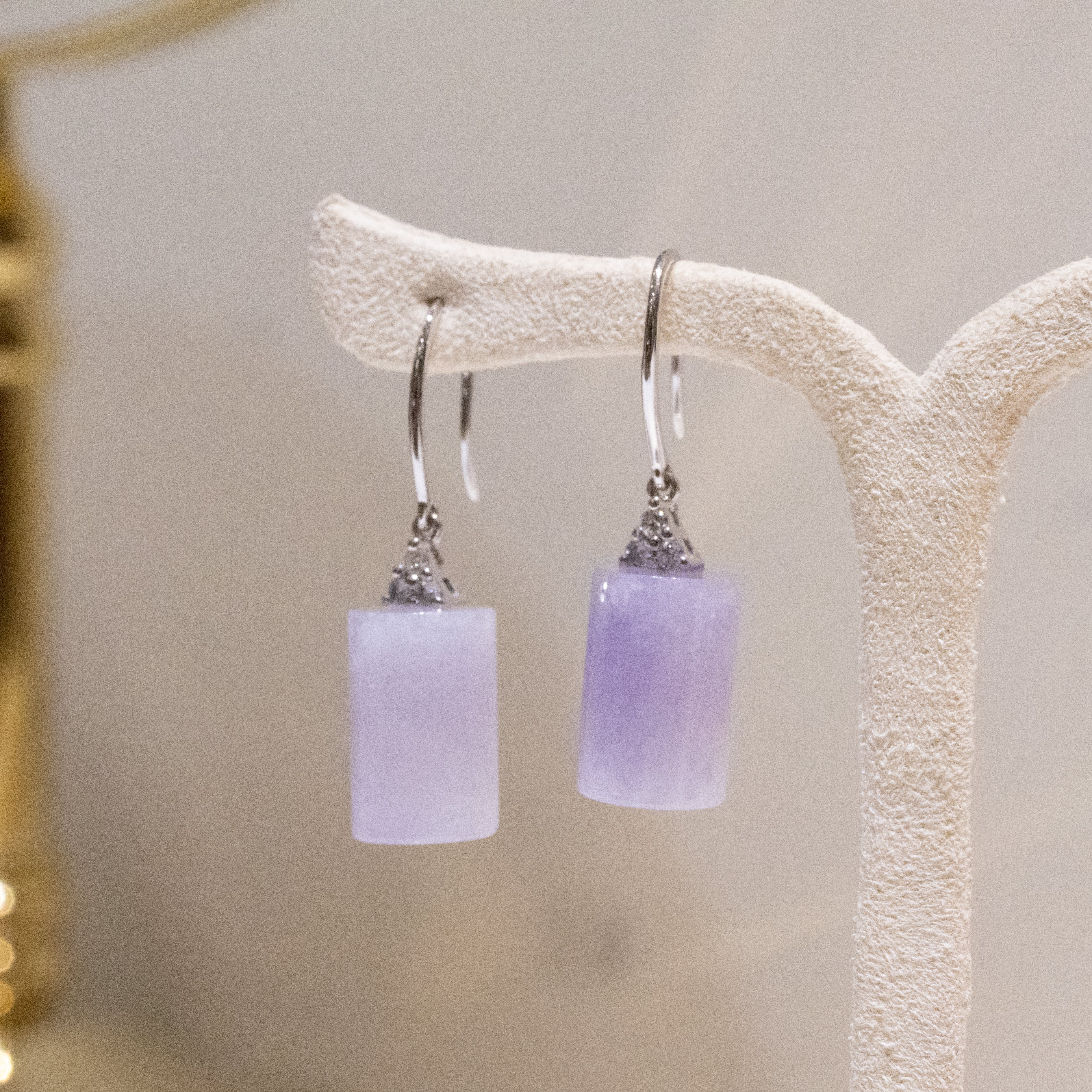 Apple Green & Lavender Jade Drop Earrings in 18K White Gold with Diamonds
