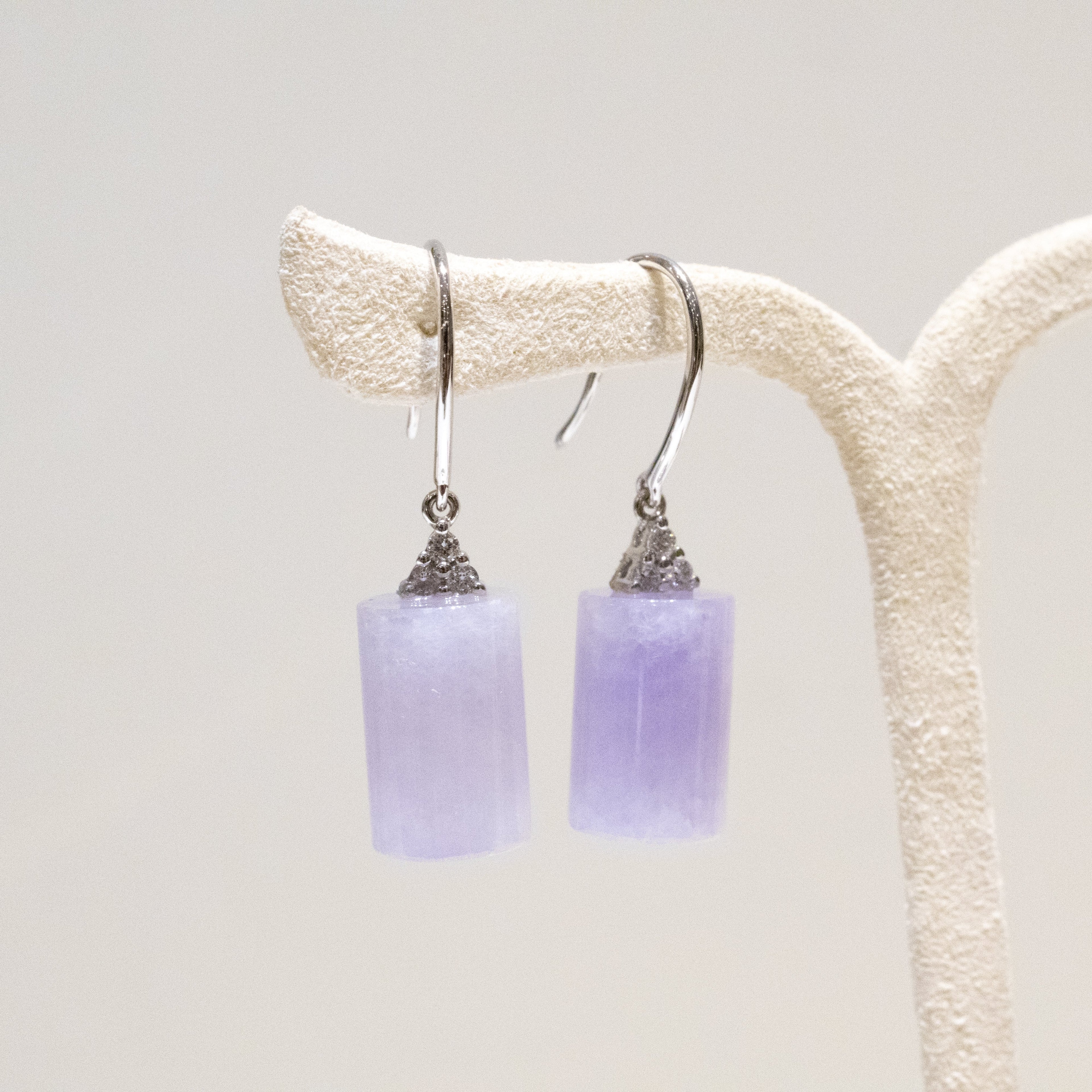 Apple Green & Lavender Jade Drop Earrings in 18K White Gold with Diamonds