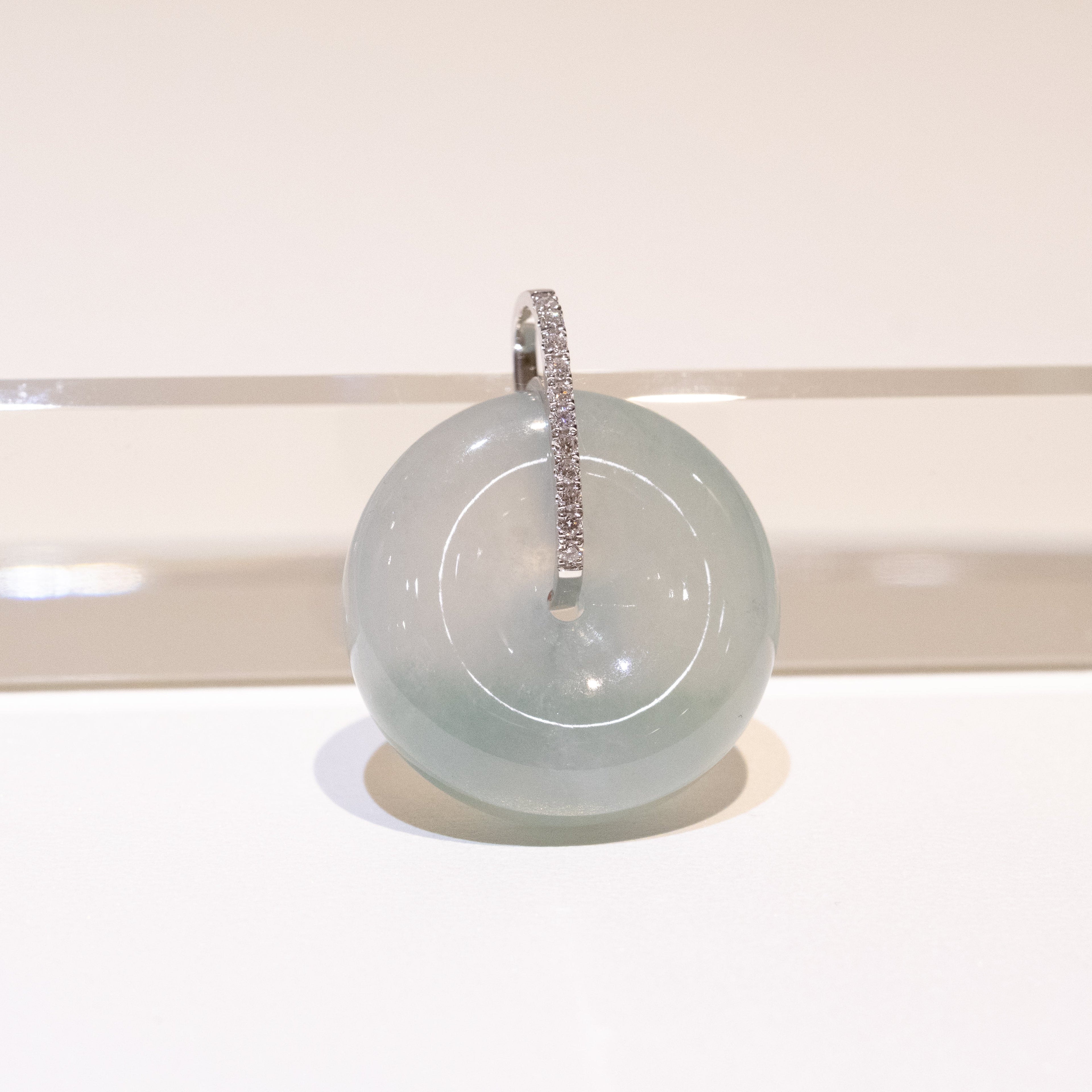 Ocean Blue Jade Donut Pendant Necklace in 18K White Gold Bail & Diamonds