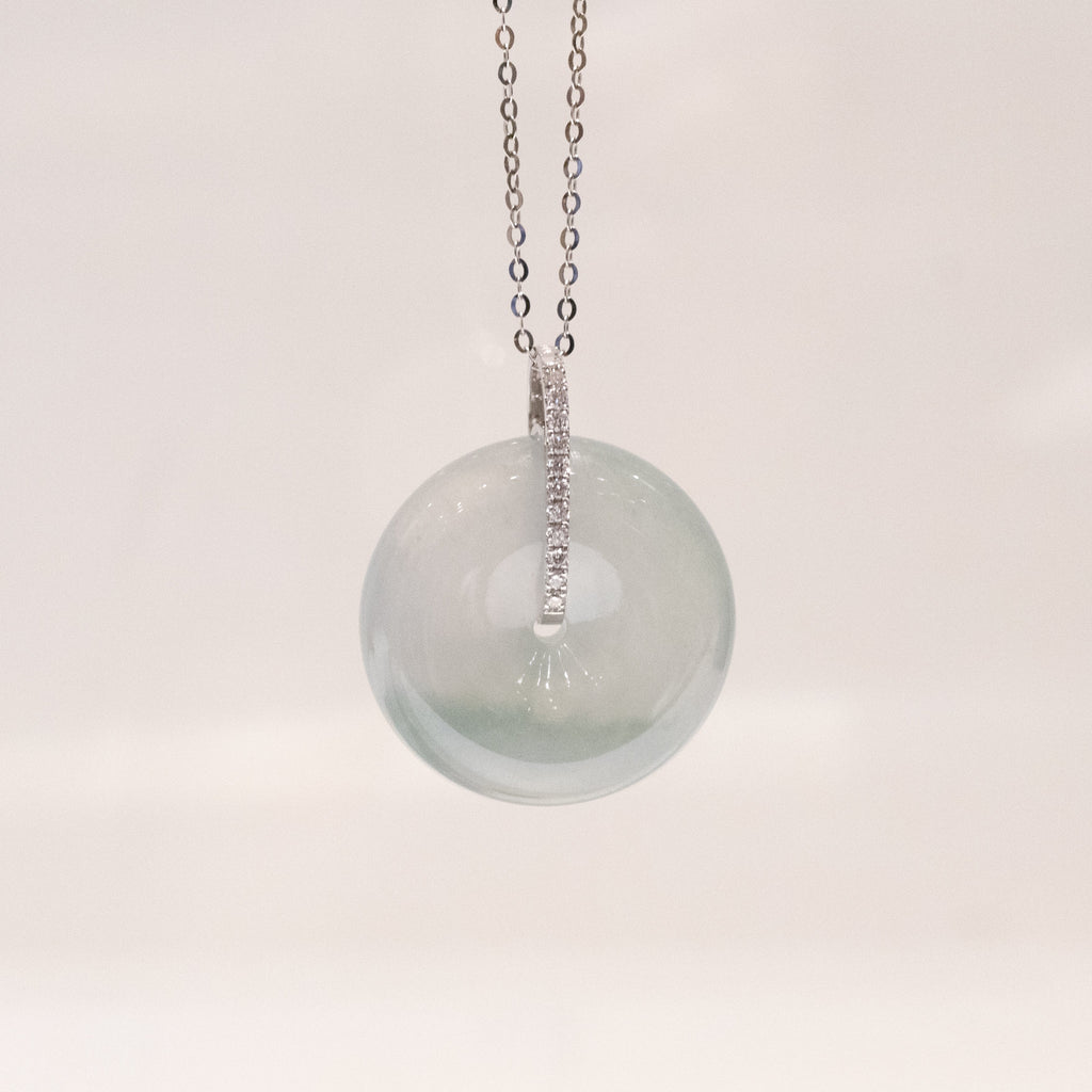 Ocean Blue Jade Donut Pendant Necklace in 18K White Gold Bail & Diamonds