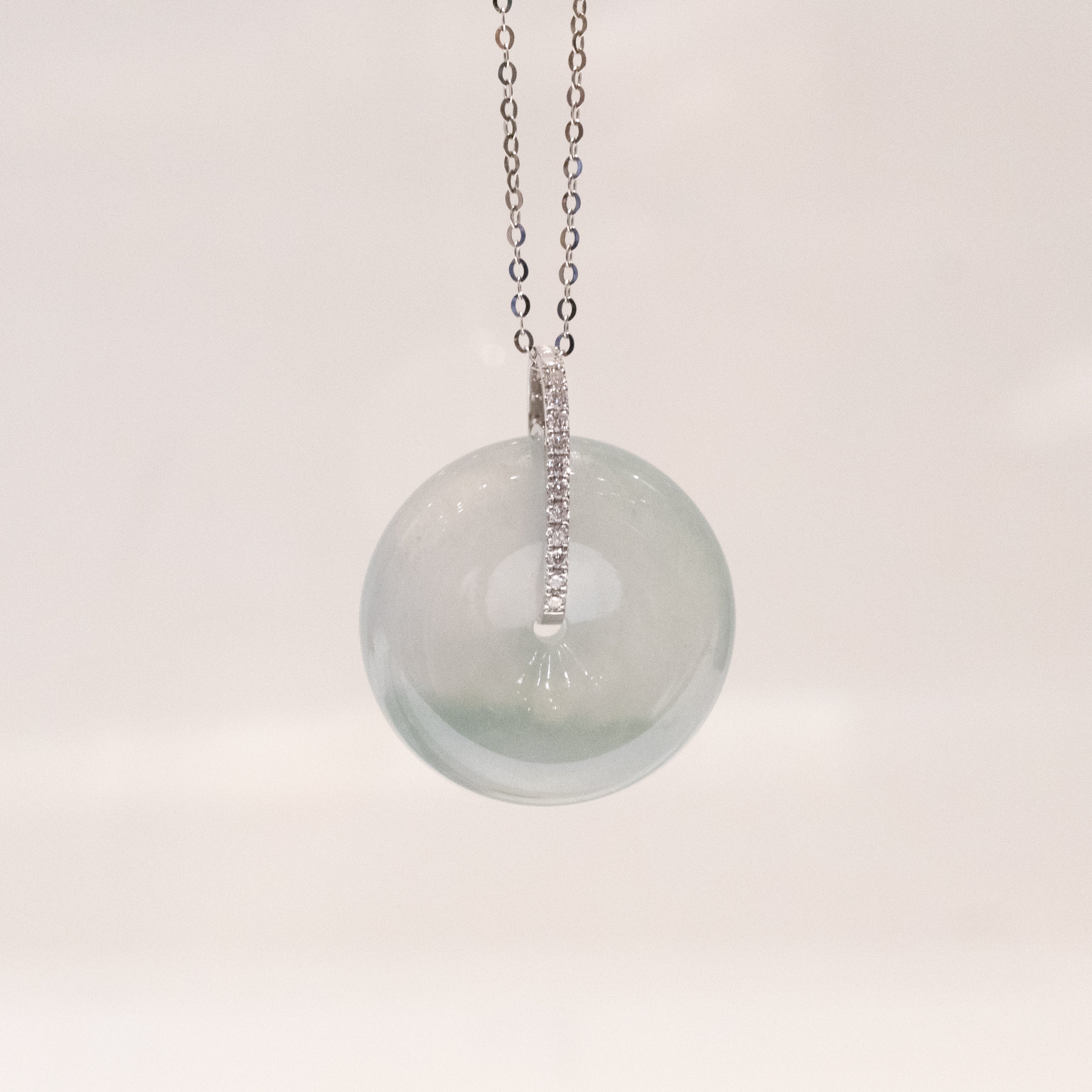 Ocean Blue Jade Donut Pendant Necklace in 18K White Gold Bail & Diamonds