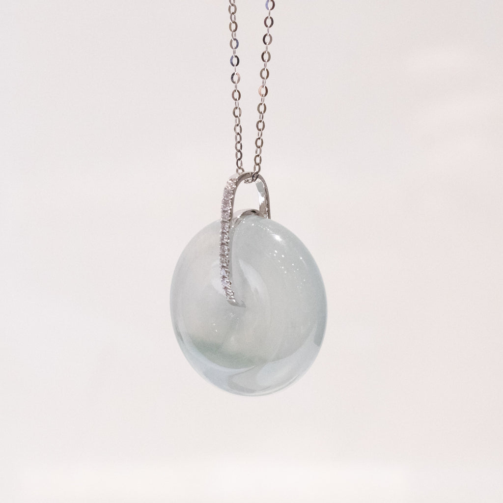 Ocean Blue Jade Donut Pendant Necklace in 18K White Gold Bail & Diamonds