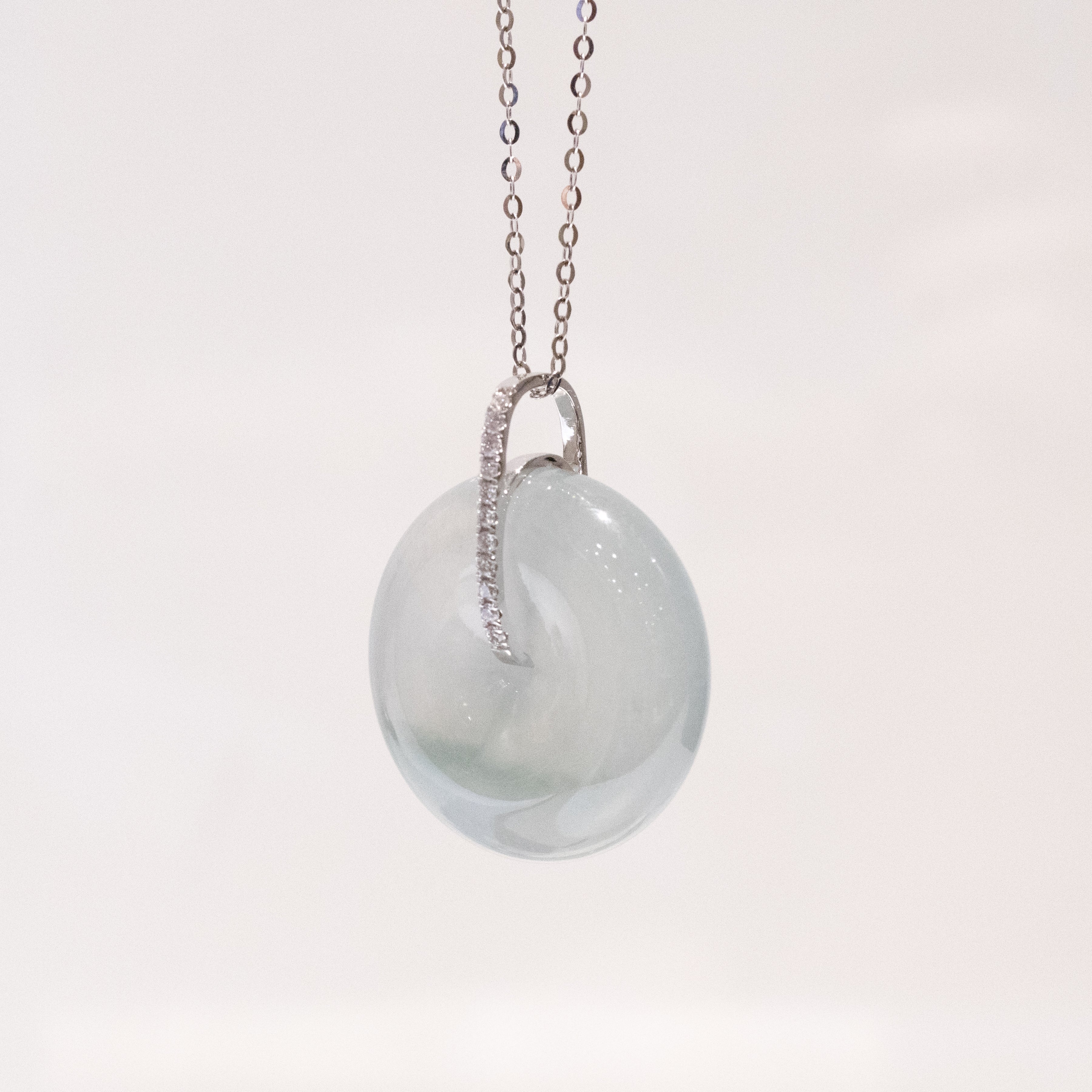 Ocean Blue Jade Donut Pendant Necklace in 18K White Gold Bail & Diamonds