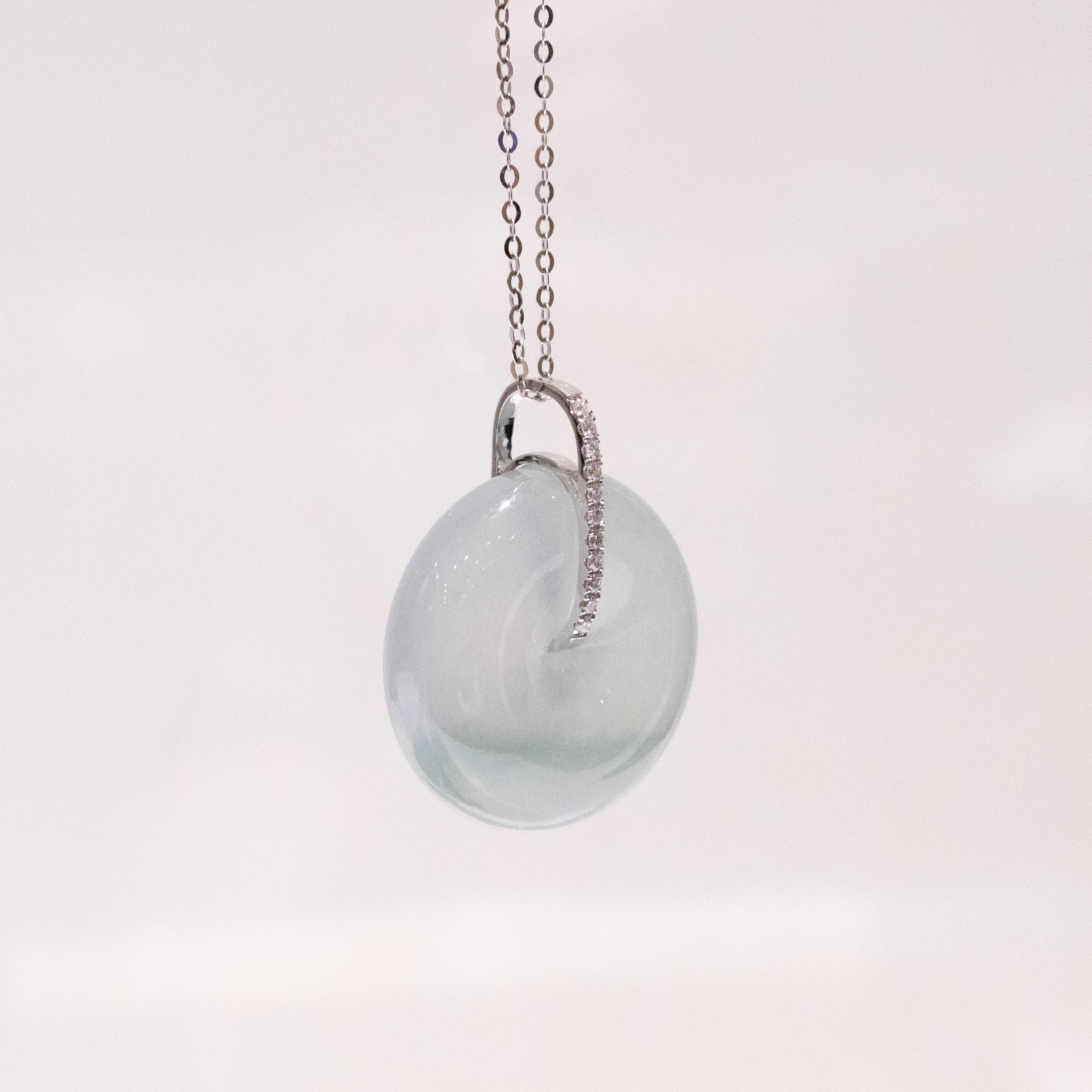 Ocean Blue Jade Donut Pendant Necklace in 18K White Gold Bail & Diamonds