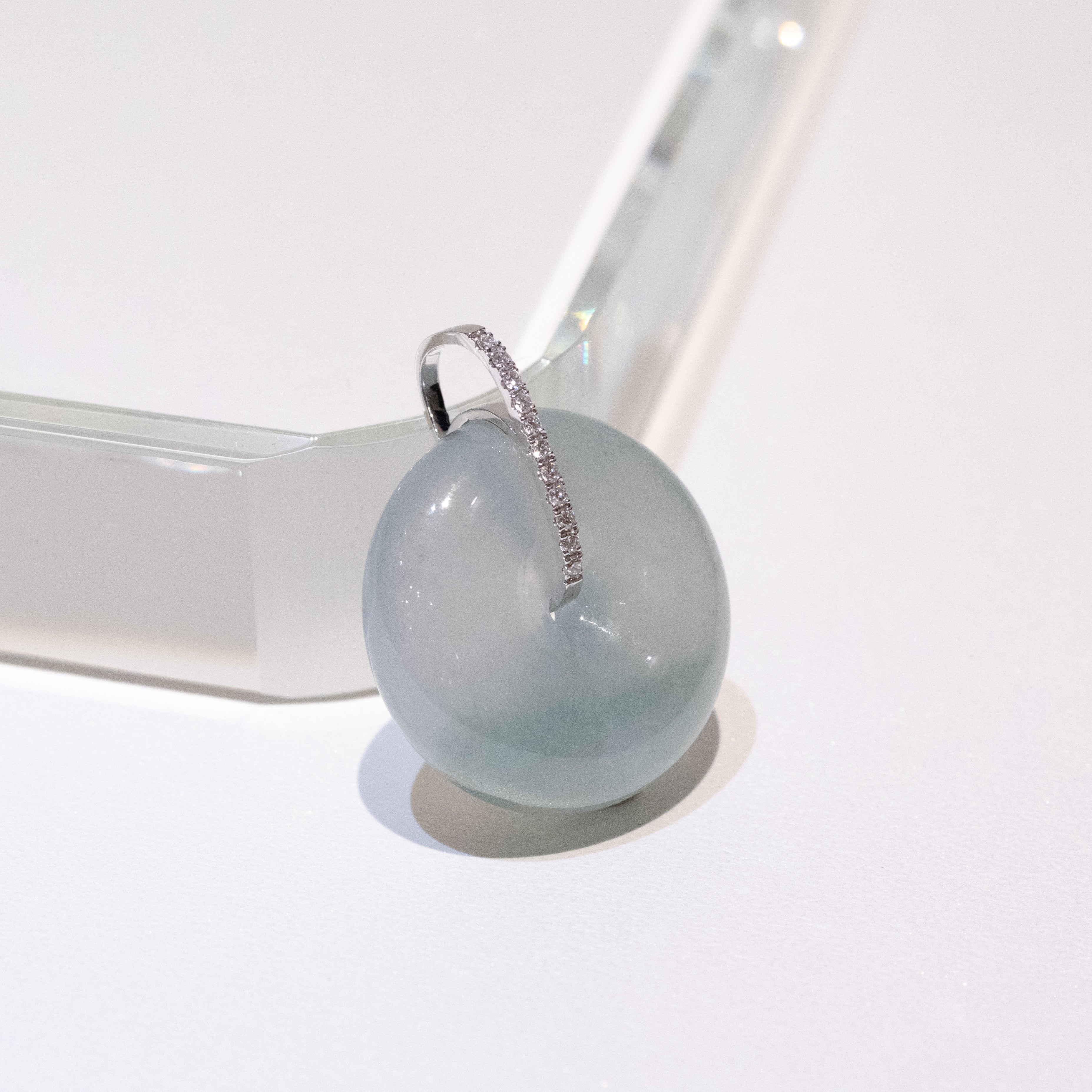 Ocean Blue Jade Donut Pendant Necklace in 18K White Gold Bail & Diamonds