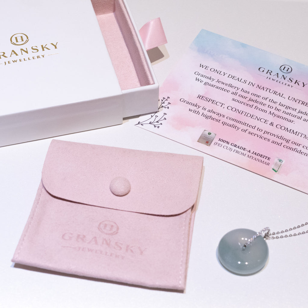 Ocean Blue Jade Donut Pendant Necklace in 18K White Gold Bail & Diamonds