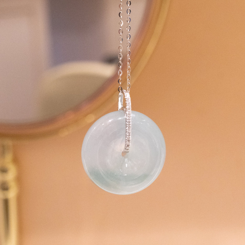 Ocean Blue Jade Donut Pendant Necklace in 18K White Gold Bail & Diamonds