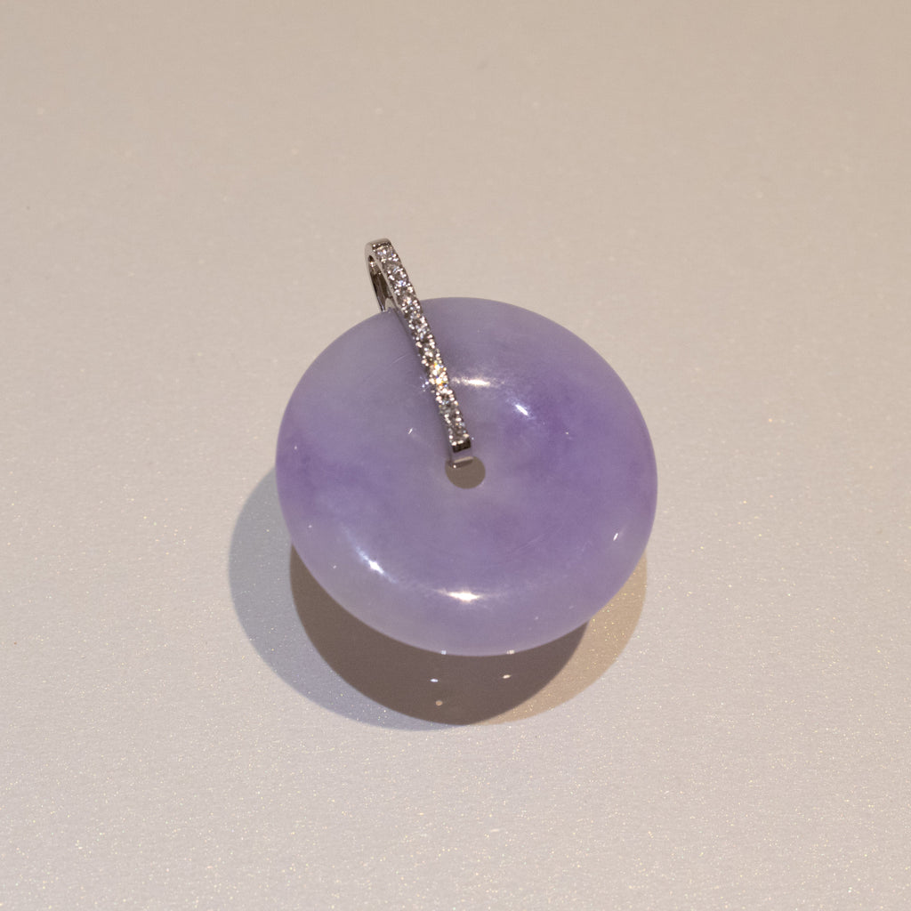 Intense Purple Jade Donut Pendant Necklace in 18K White Gold Bail & Diamonds