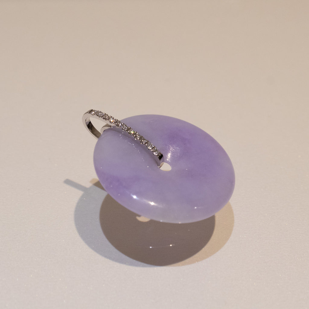 Intense Purple Jade Donut Pendant Necklace in 18K White Gold Bail & Diamonds