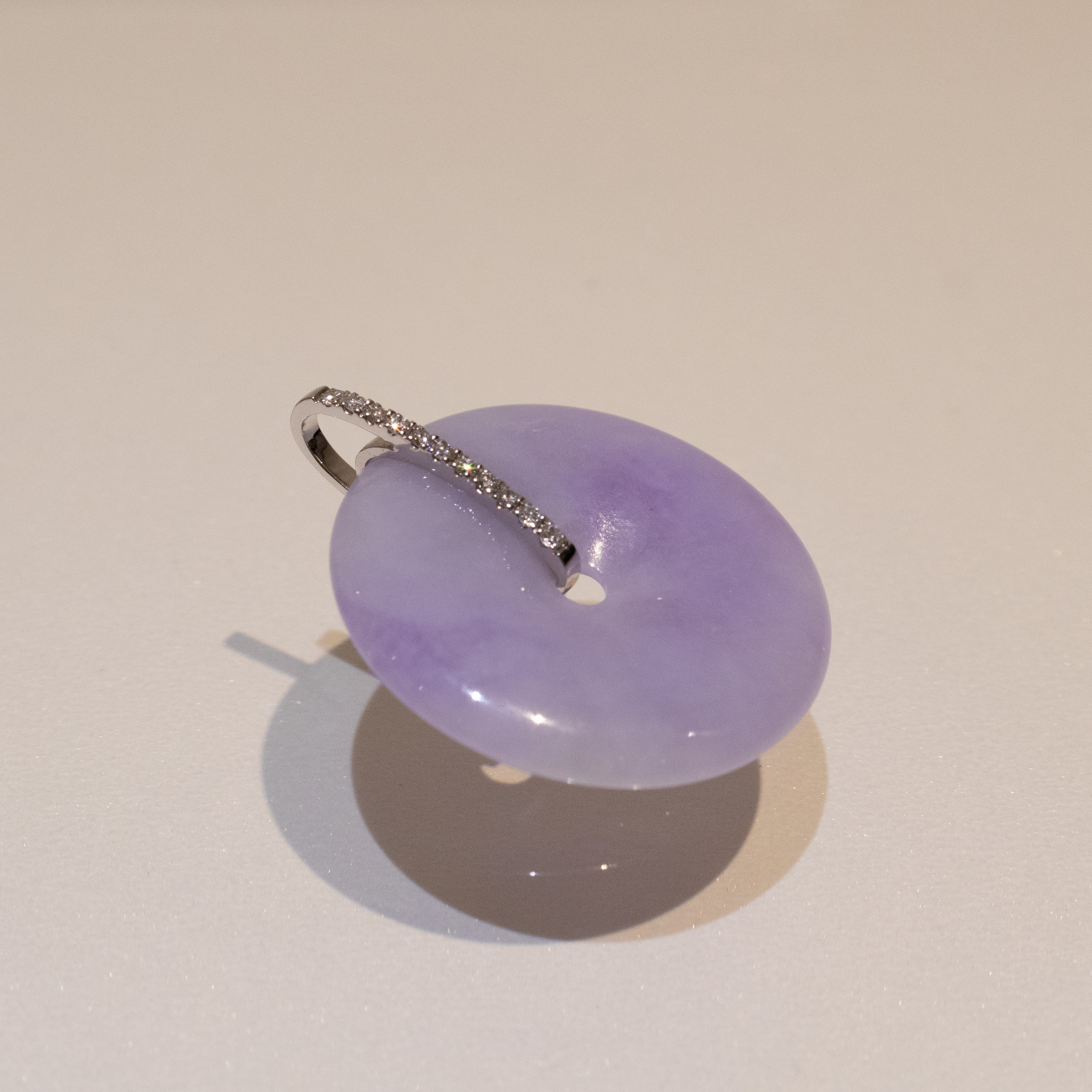 Intense Purple Jade Donut Pendant Necklace in 18K White Gold Bail & Diamonds