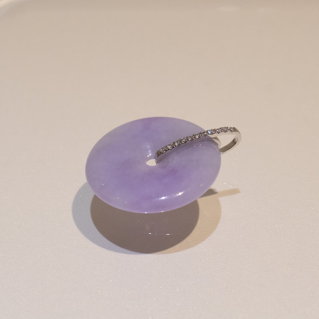 Intense Purple Jade Donut Pendant Necklace in 18K White Gold Bail & Diamonds