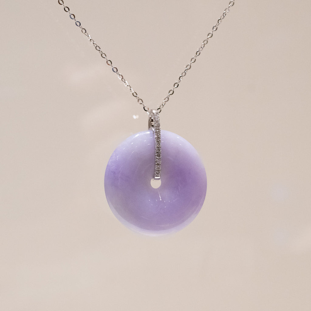 Intense Purple Jade Donut Pendant Necklace in 18K White Gold Bail & Diamonds