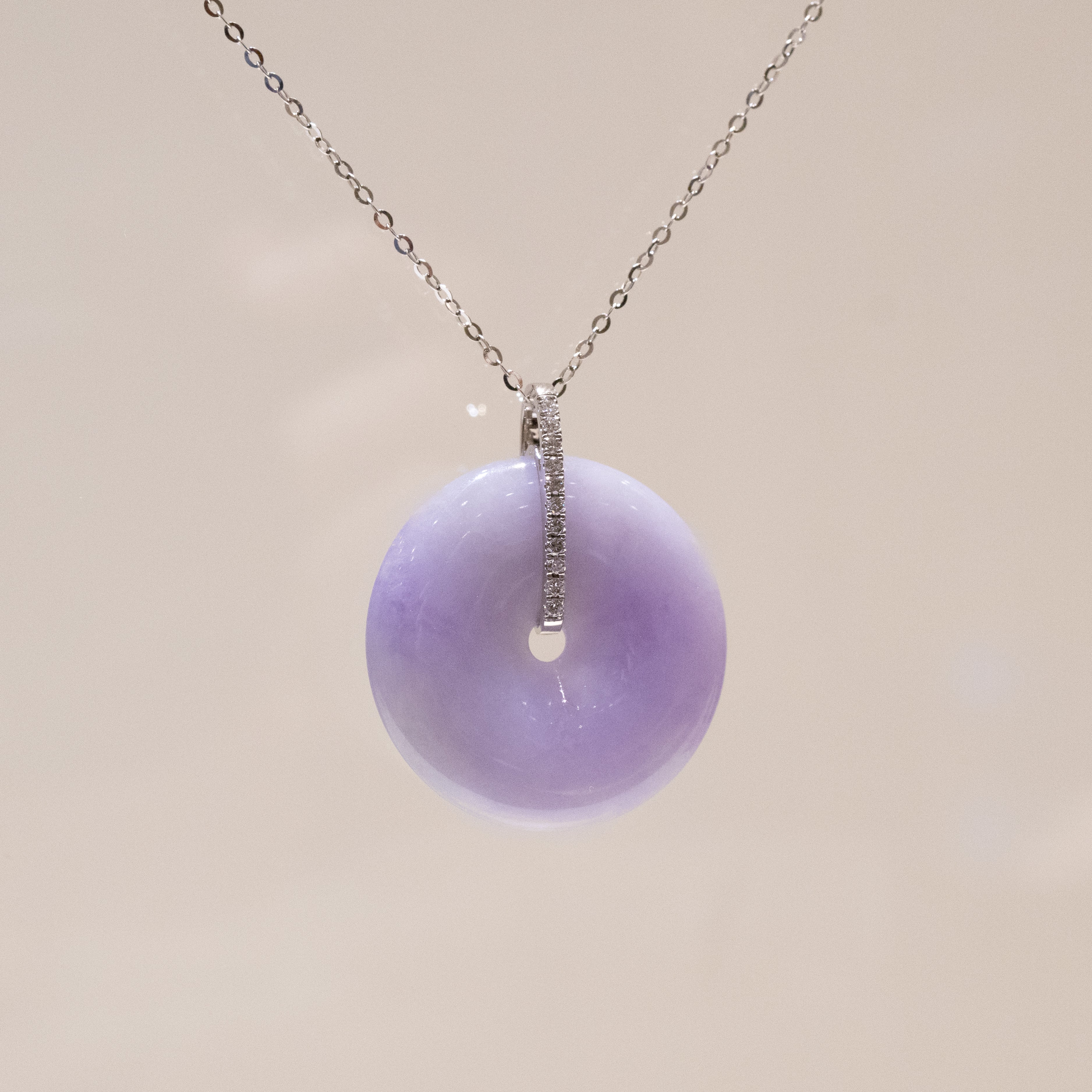 Intense Purple Jade Donut Pendant Necklace in 18K White Gold Bail & Diamonds