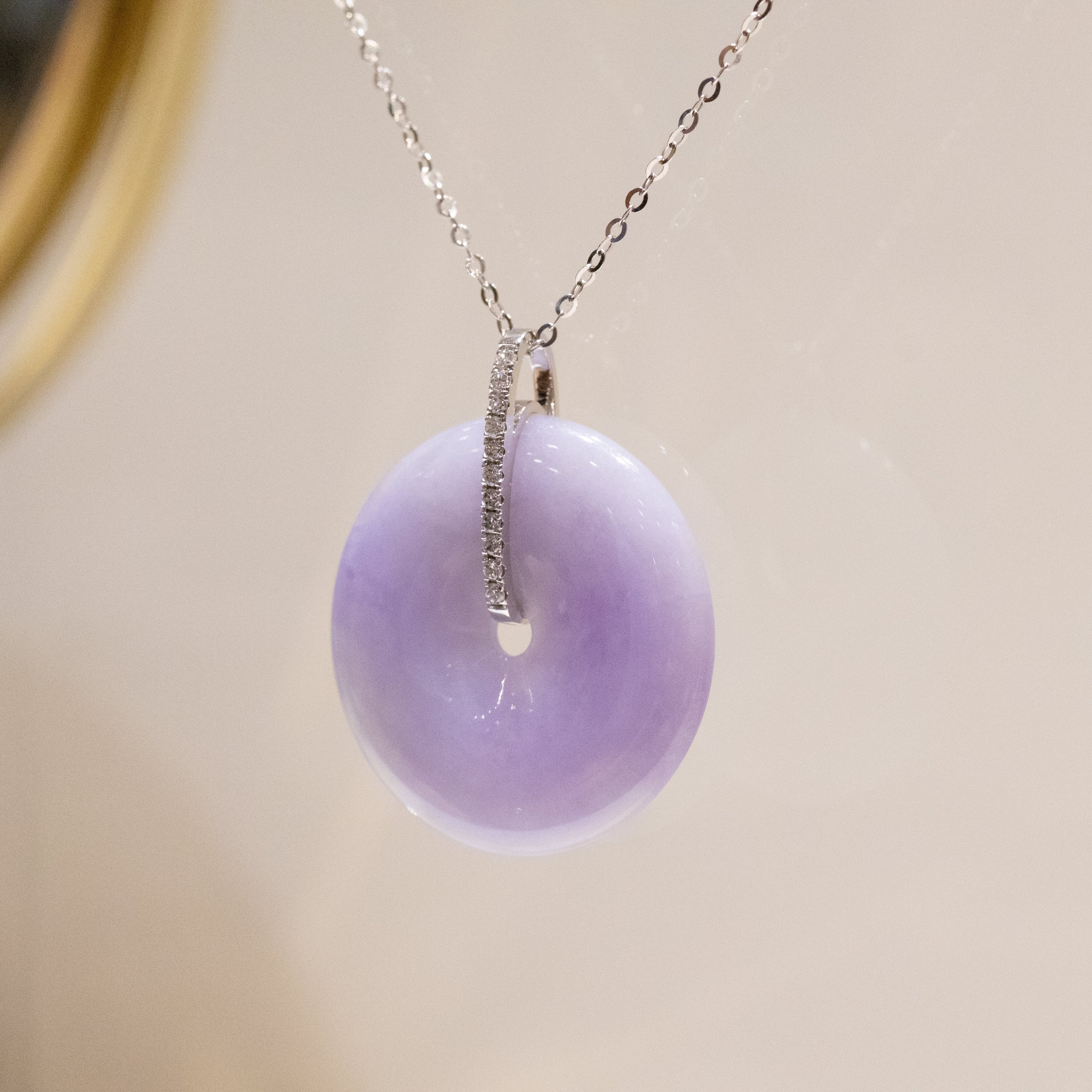 Intense Purple Jade Donut Pendant Necklace in 18K White Gold Bail & Diamonds