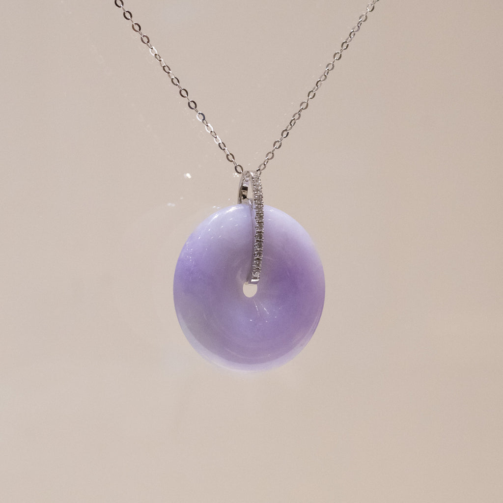 Intense Purple Jade Donut Pendant Necklace in 18K White Gold Bail & Diamonds