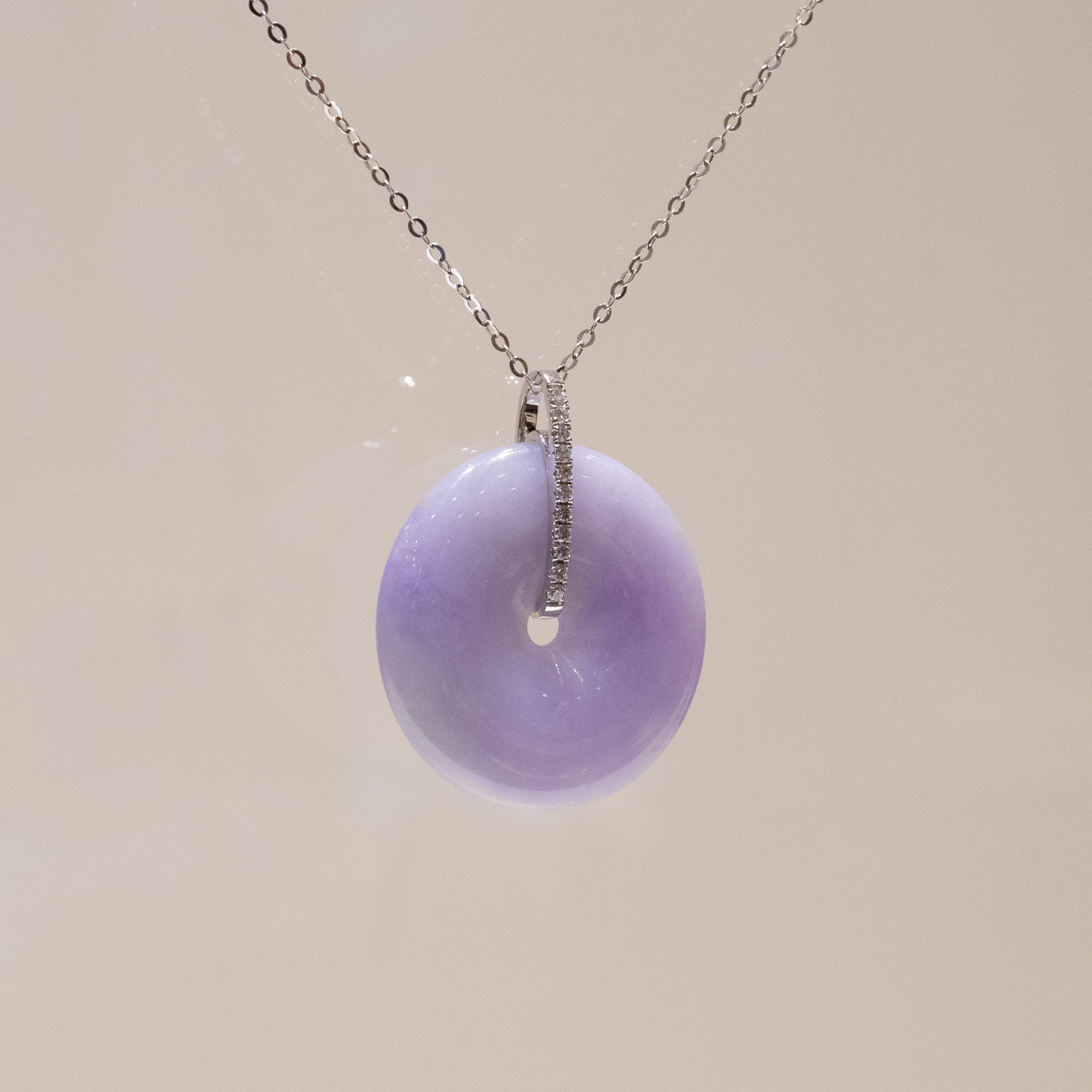 Intense Purple Jade Donut Pendant Necklace in 18K White Gold Bail & Diamonds