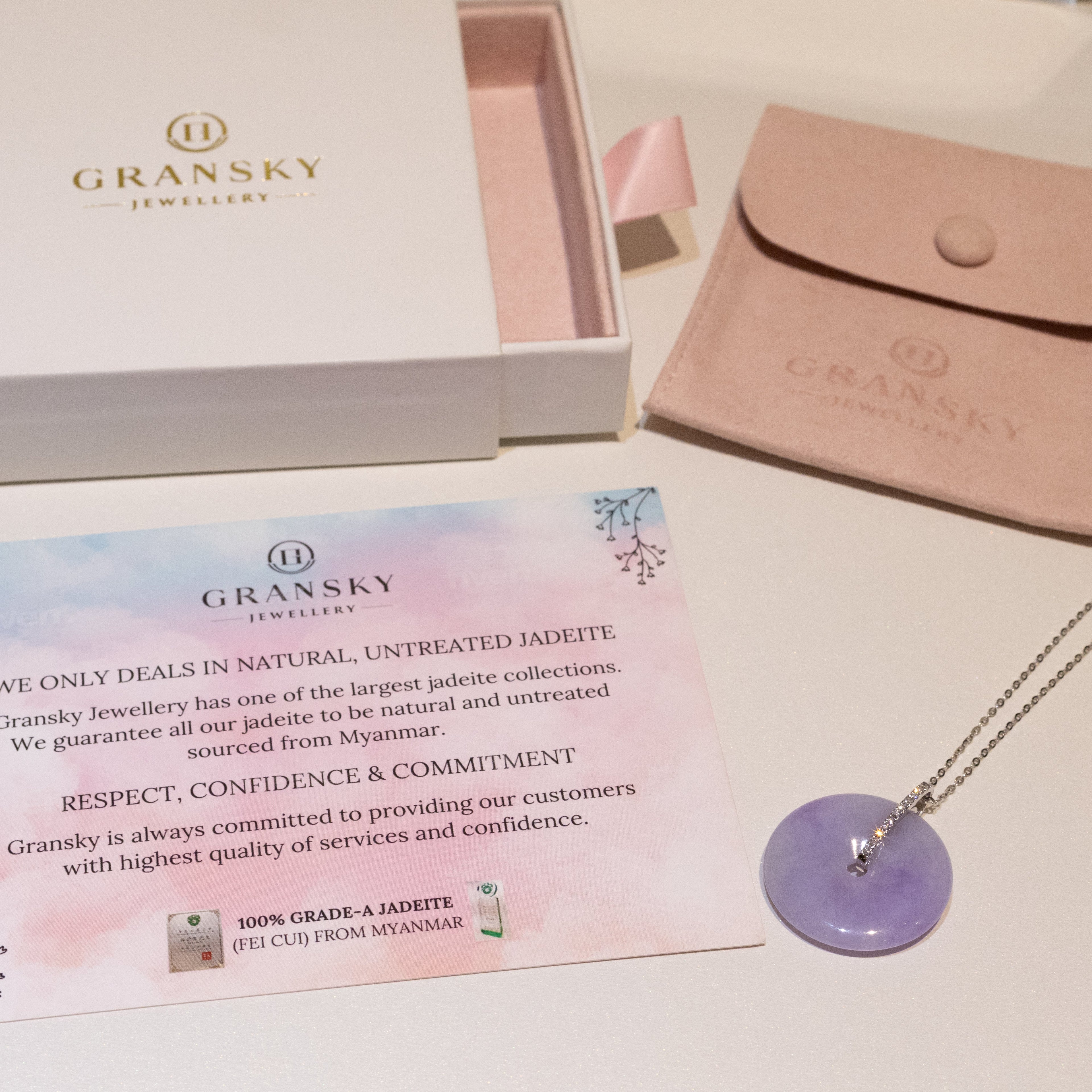 Intense Purple Jade Donut Pendant Necklace in 18K White Gold Bail & Diamonds