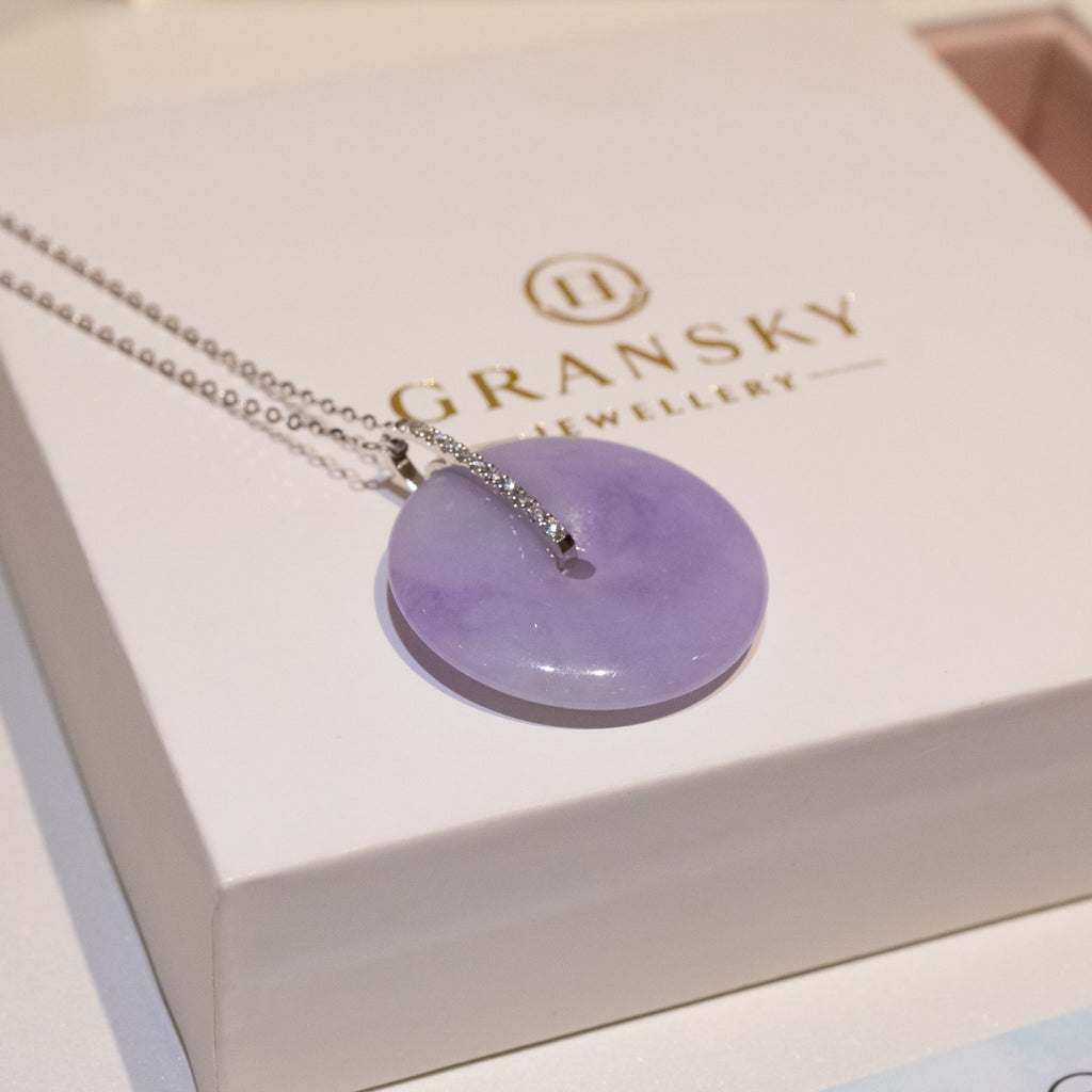 Intense Purple Jade Donut Pendant Necklace in 18K White Gold Bail & Diamonds