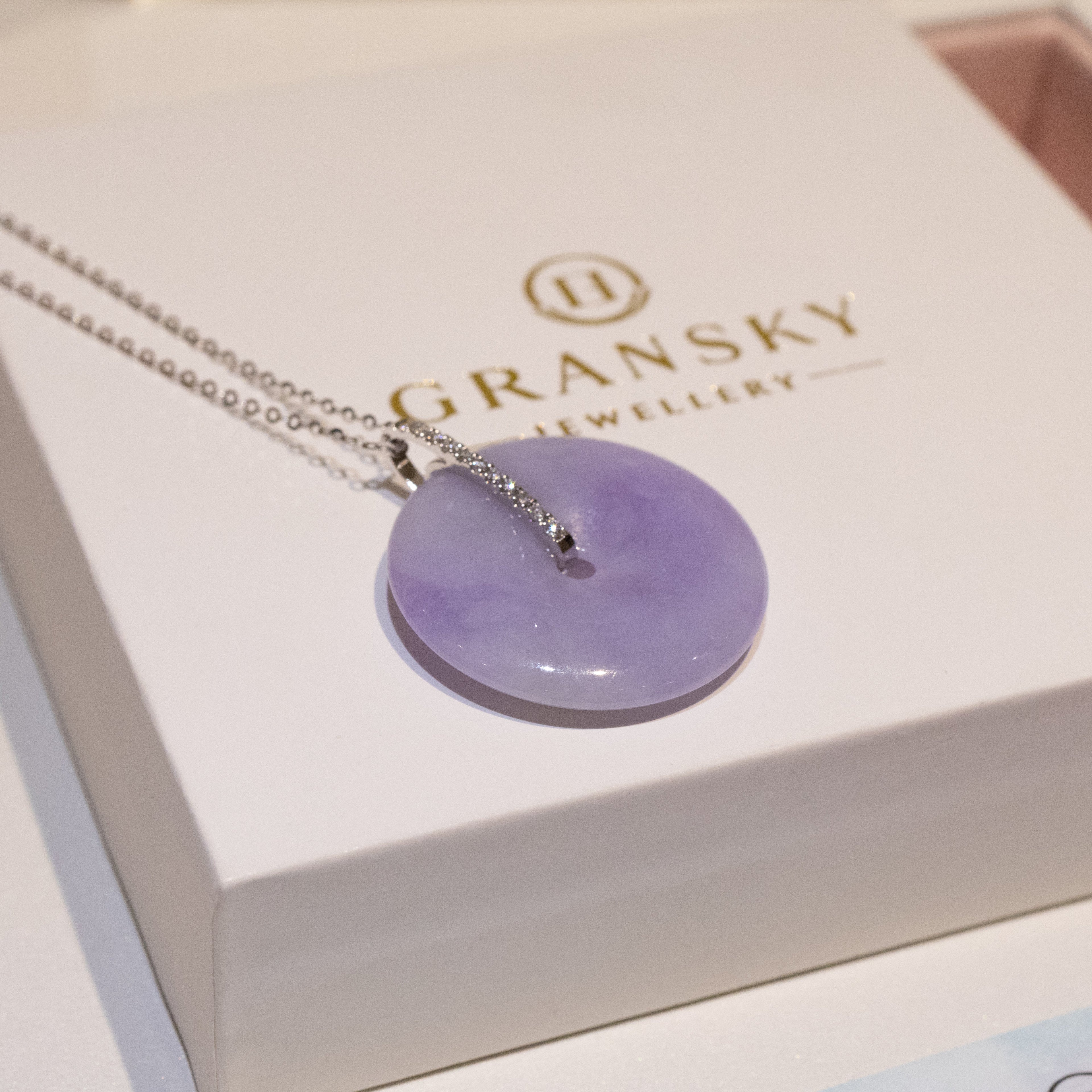 Intense Purple Jade Donut Pendant Necklace in 18K White Gold Bail & Diamonds