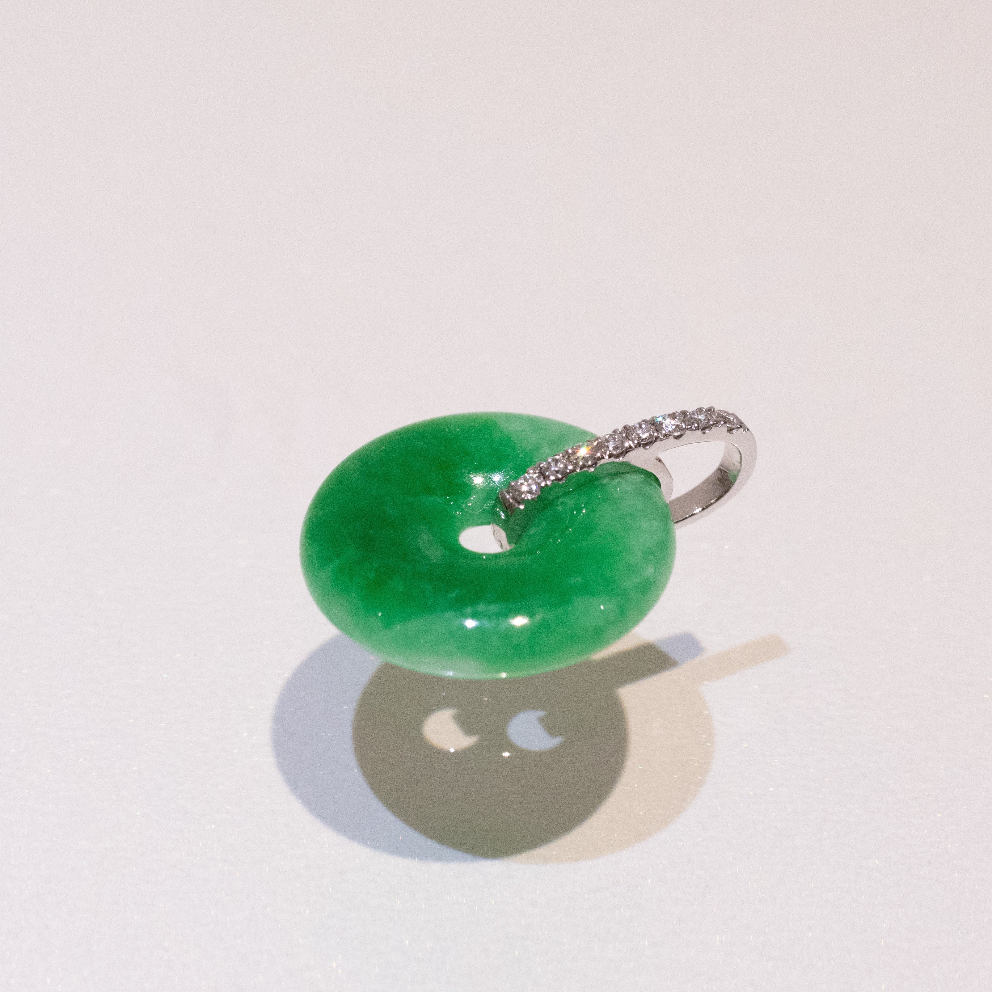 Imperial Apple Green Jade Donut Pendant Necklace 18K White Gold Diamonds 16.6mm