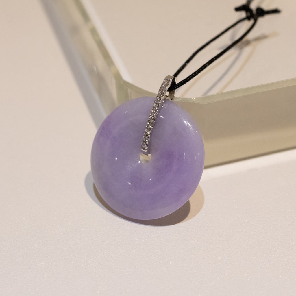 Intense Purple Jade Donut Pendant Necklace in 18K White Gold Bail & Diamonds
