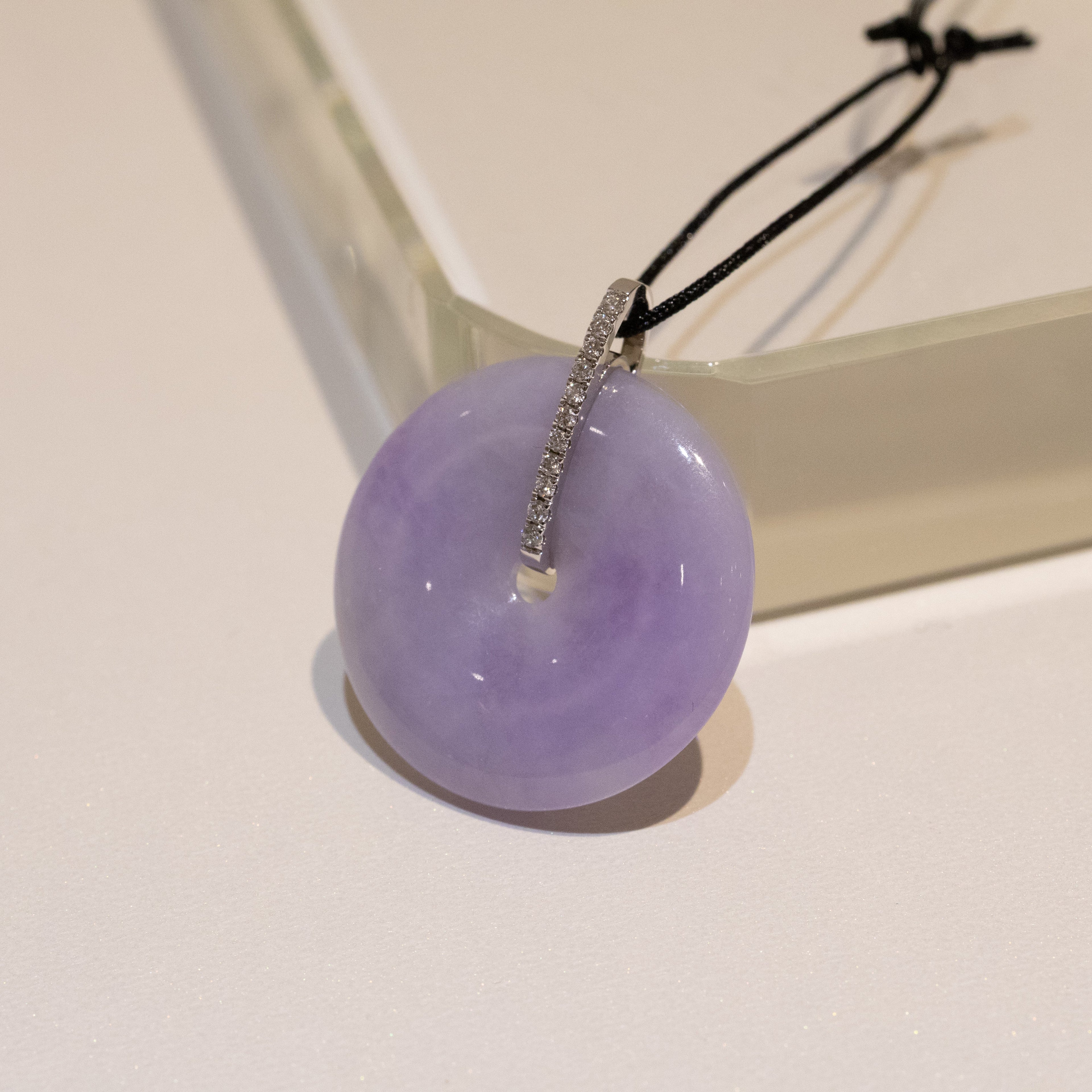 Intense Purple Jade Donut Pendant Necklace in 18K White Gold Bail & Diamonds
