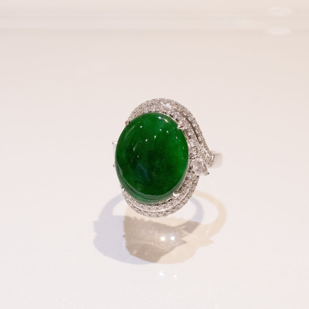 Intense Green Burmese Jadeite Cabochon Ring in 18K White Gold with Diamonds