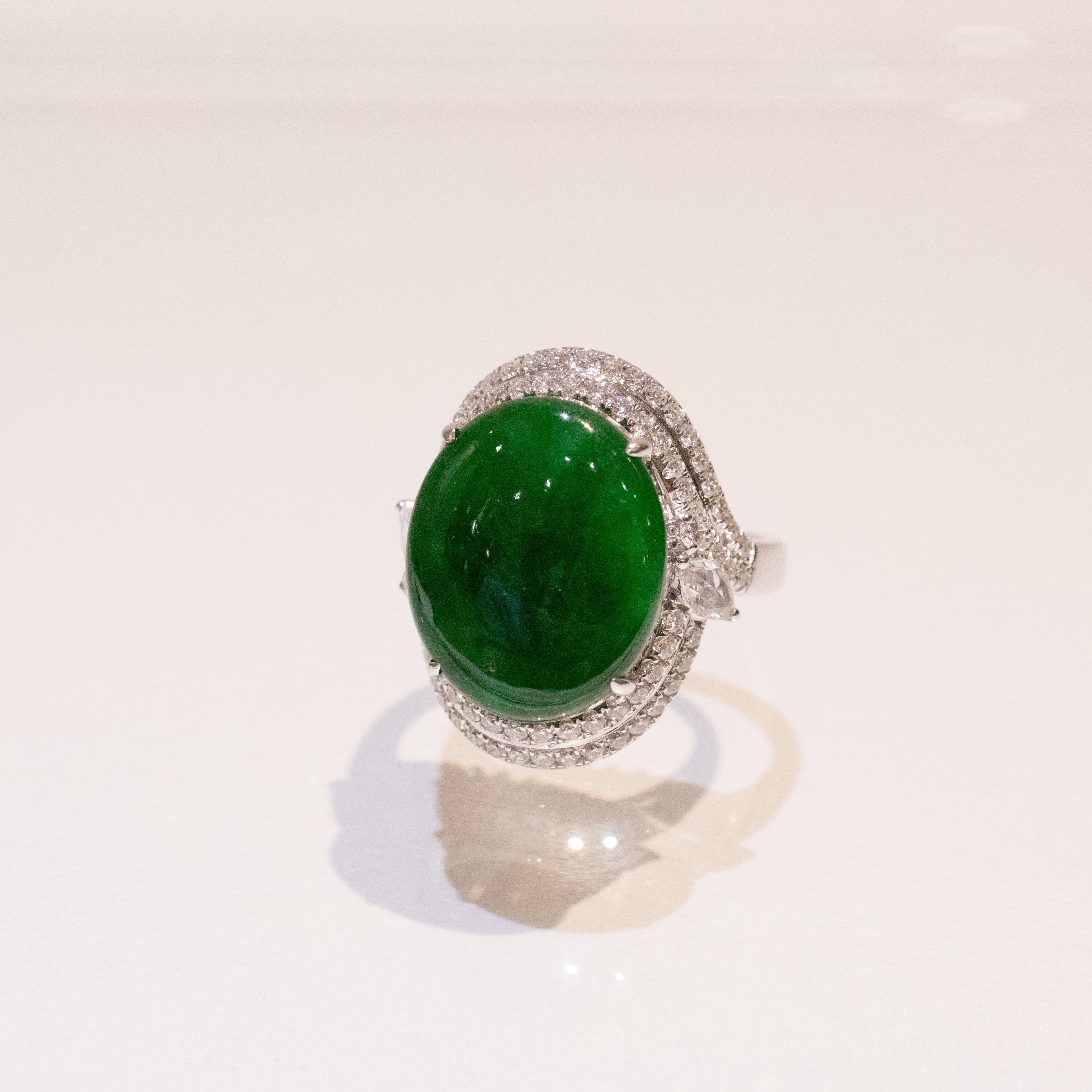 Intense Green Burmese Jadeite Cabochon Ring in 18K White Gold with Diamonds