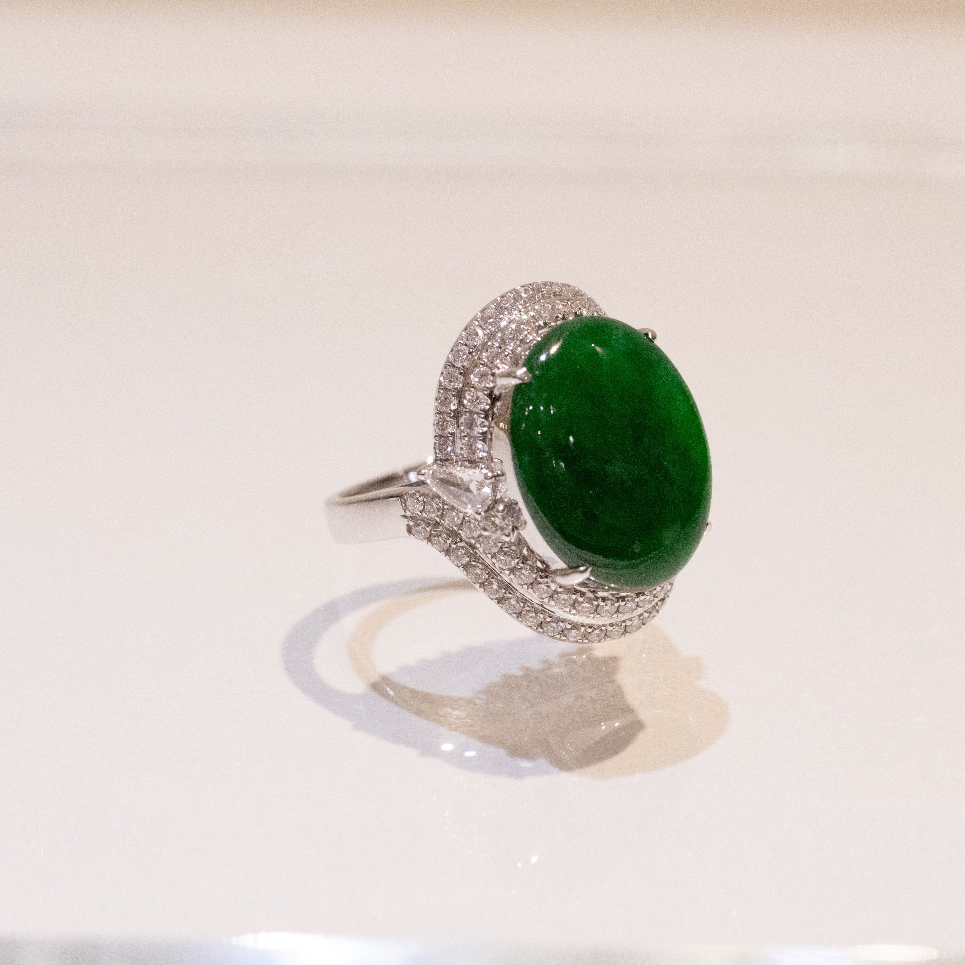 Intense Green Burmese Jadeite Cabochon Ring in 18K White Gold with Diamonds