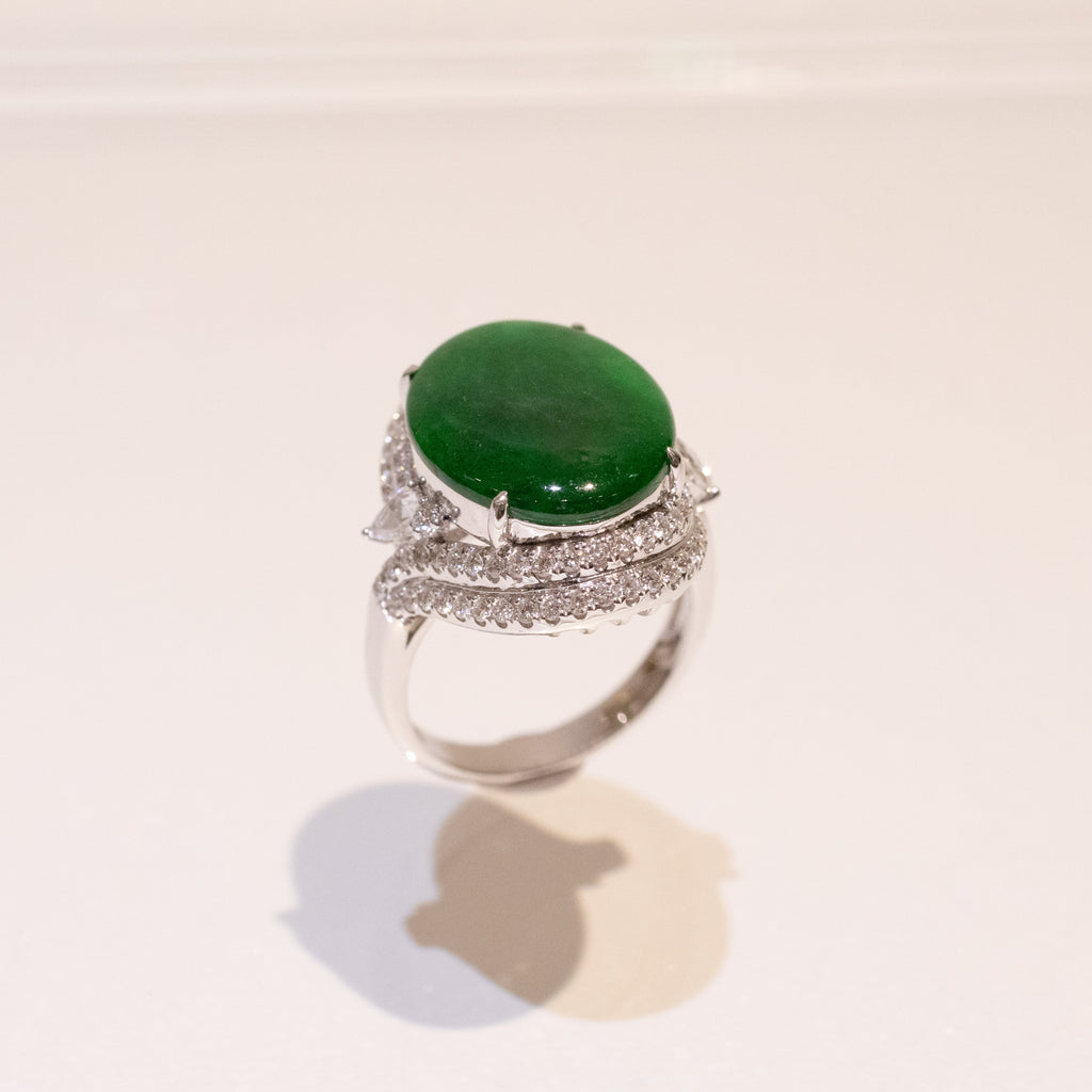 Intense Green Burmese Jadeite Cabochon Ring in 18K White Gold with Diamonds