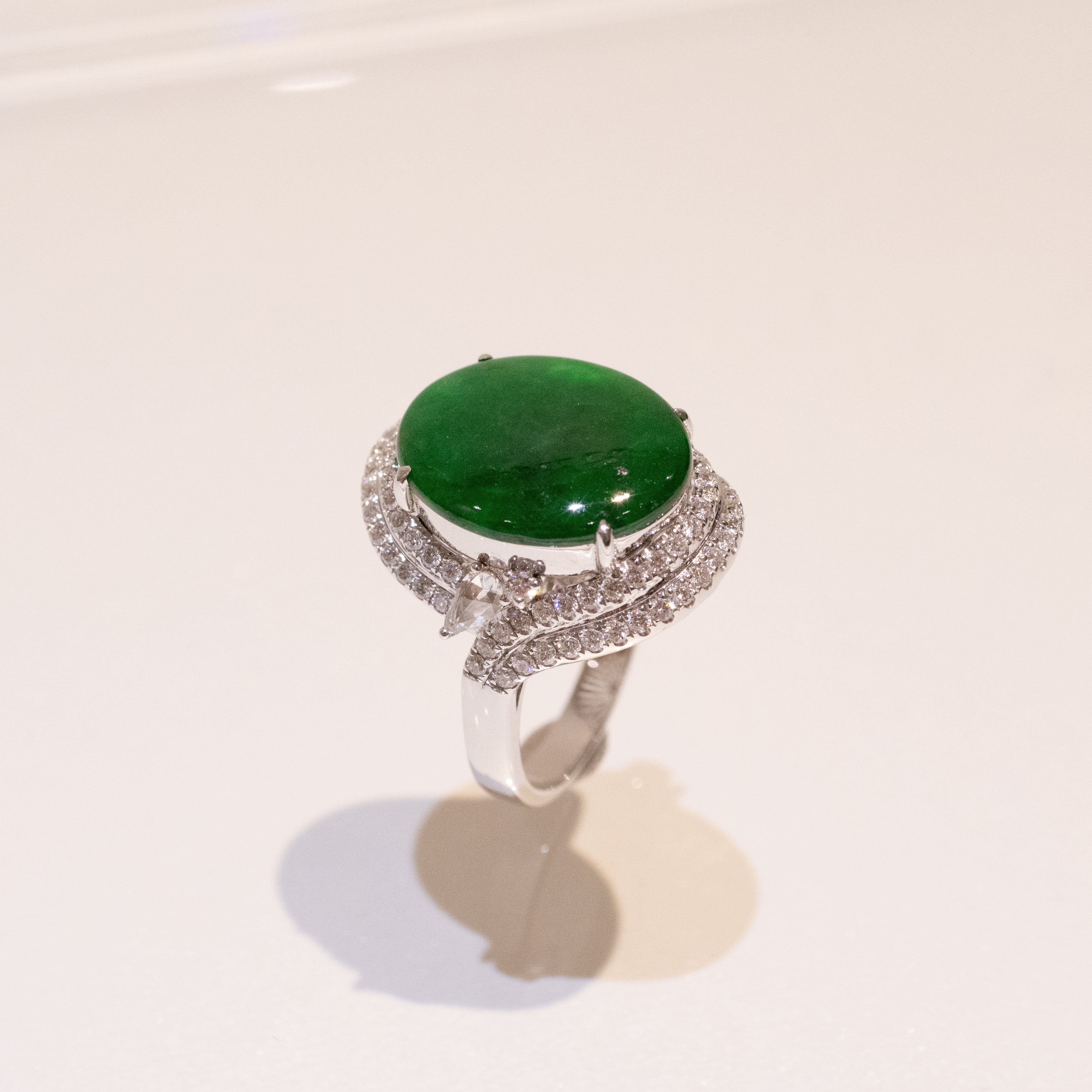 Intense Green Burmese Jadeite Cabochon Ring in 18K White Gold with Diamonds