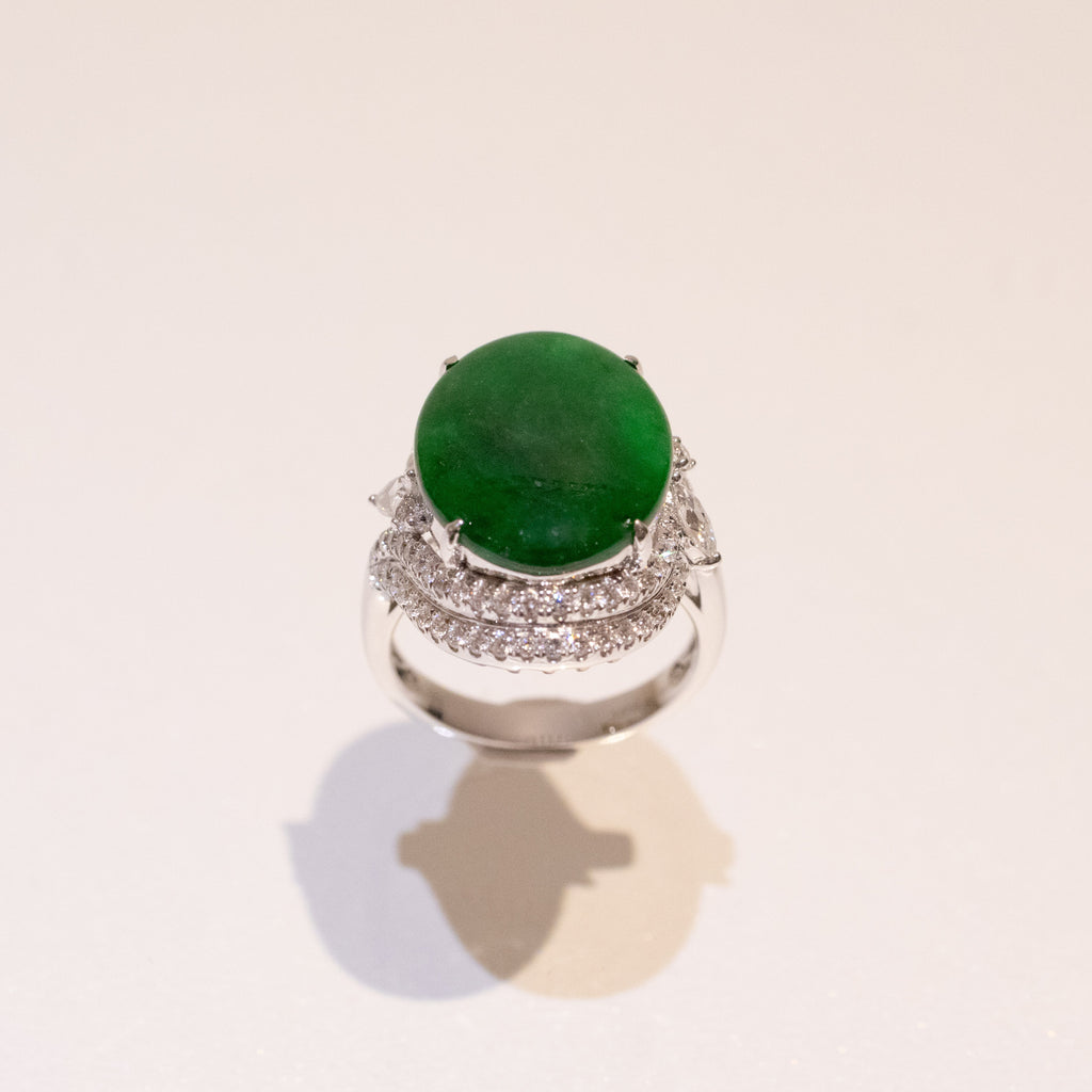 Intense Green Burmese Jadeite Cabochon Ring in 18K White Gold with Diamonds