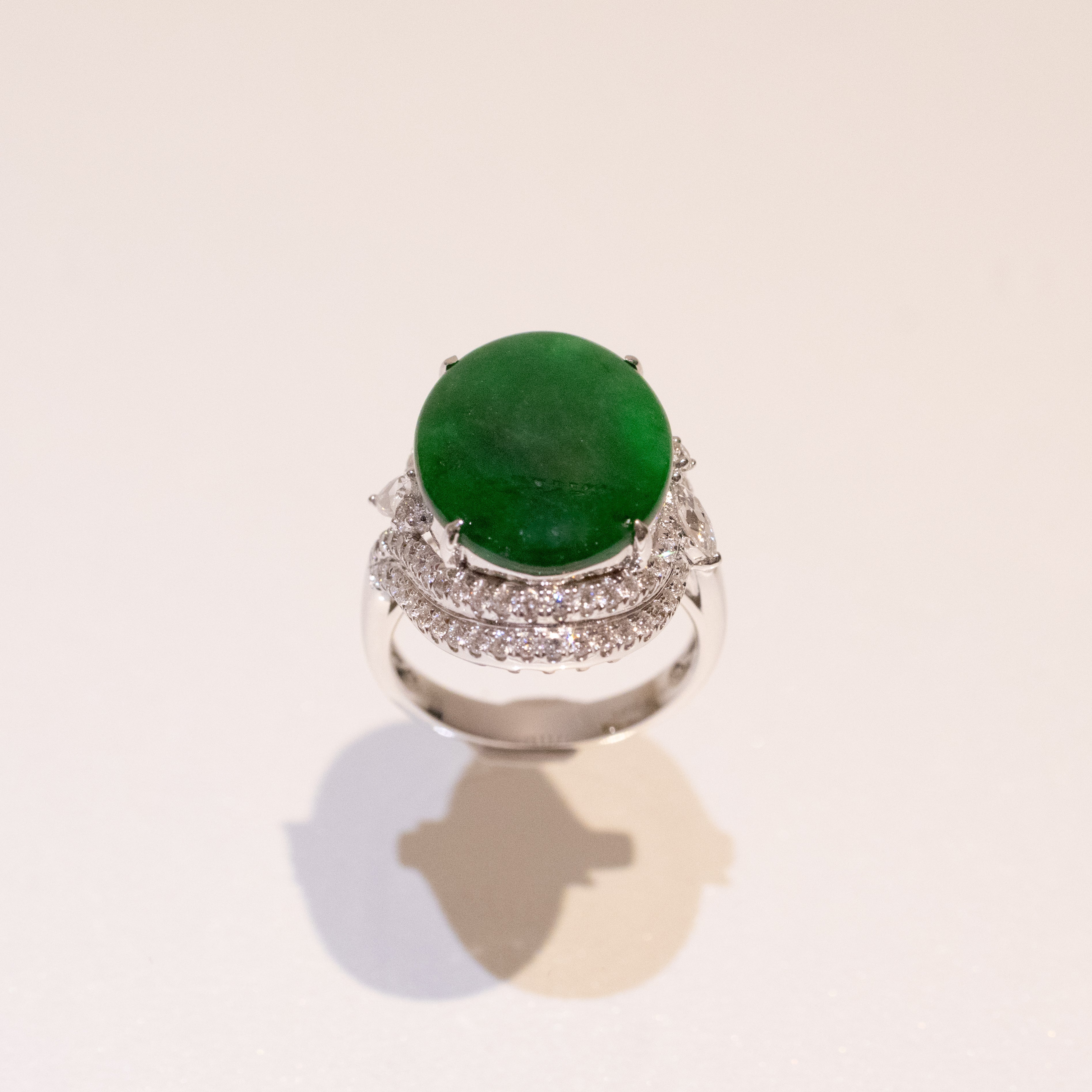 Intense Green Burmese Jadeite Cabochon Ring in 18K White Gold with Diamonds