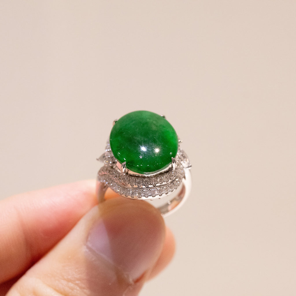 Intense Green Burmese Jadeite Cabochon Ring in 18K White Gold with Diamonds