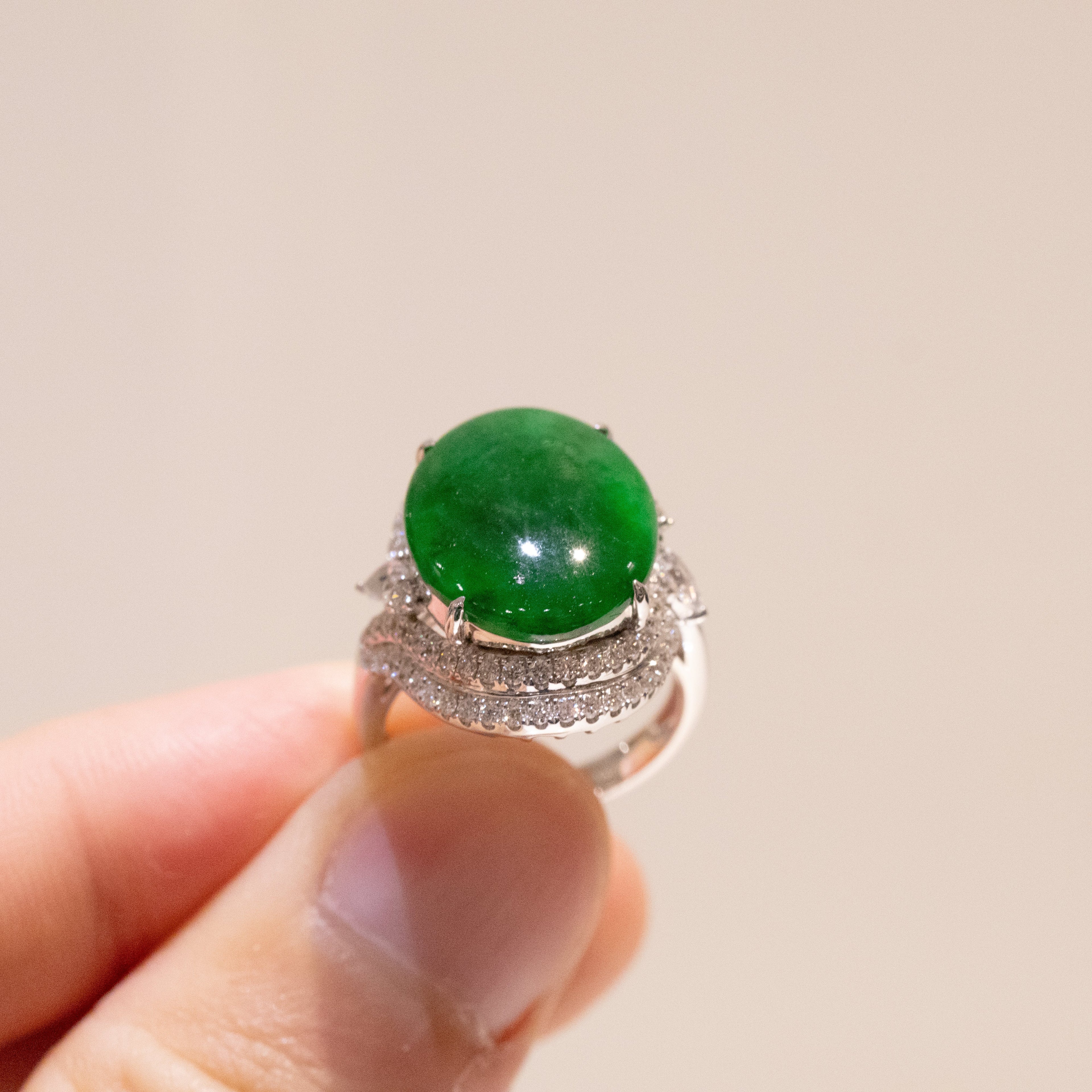 Intense Green Burmese Jadeite Cabochon Ring in 18K White Gold with Diamonds