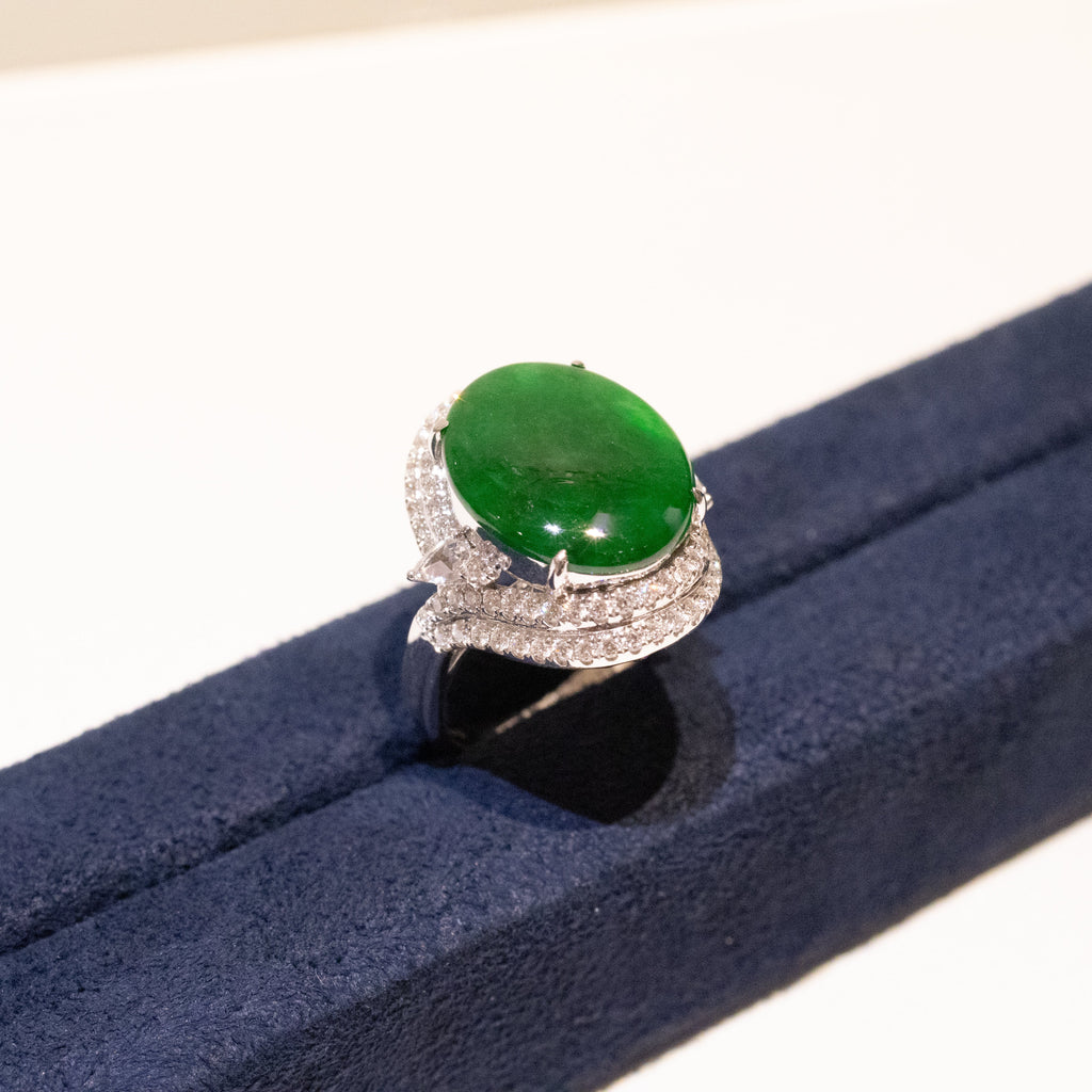 Intense Green Burmese Jadeite Cabochon Ring in 18K White Gold with Diamonds